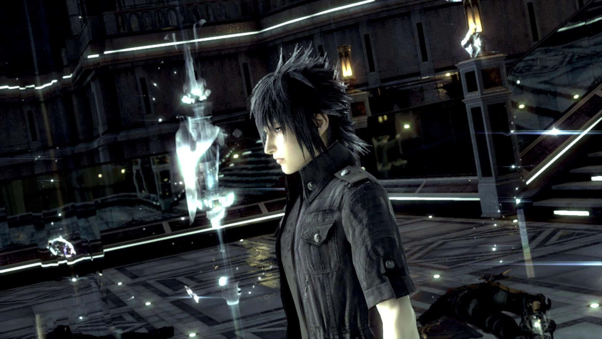 Noctis Lucis Caelum, spiky black hair, futuristic, neon-lit urban plaza, Full HD Desktop Wallpaper