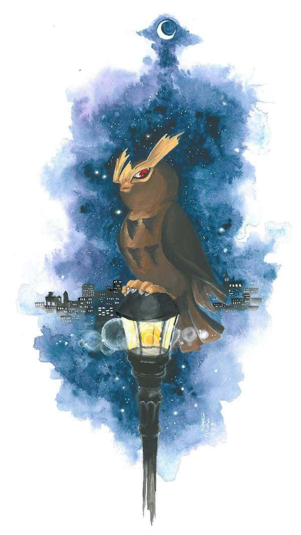 Noctowl, glowing streetlamp, cosmic blue watercolor backdrop, SD Phone Wallpaper