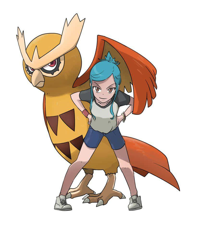 Noctowl, blue-haired girl, yellow owl-like Pokémon, SD Phone Wallpaper