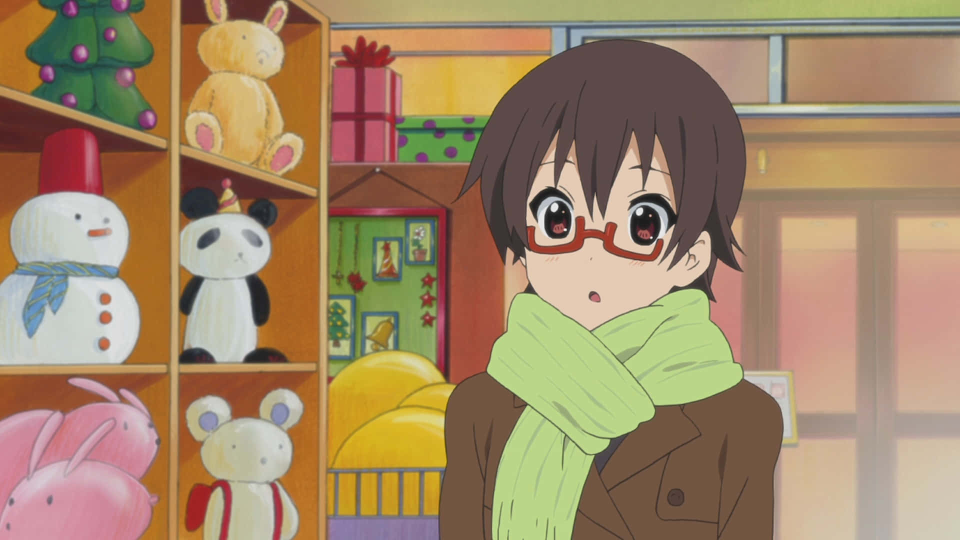 Nodoka Manabe, red glasses, green scarf, Full HD Desktop Wallpaper