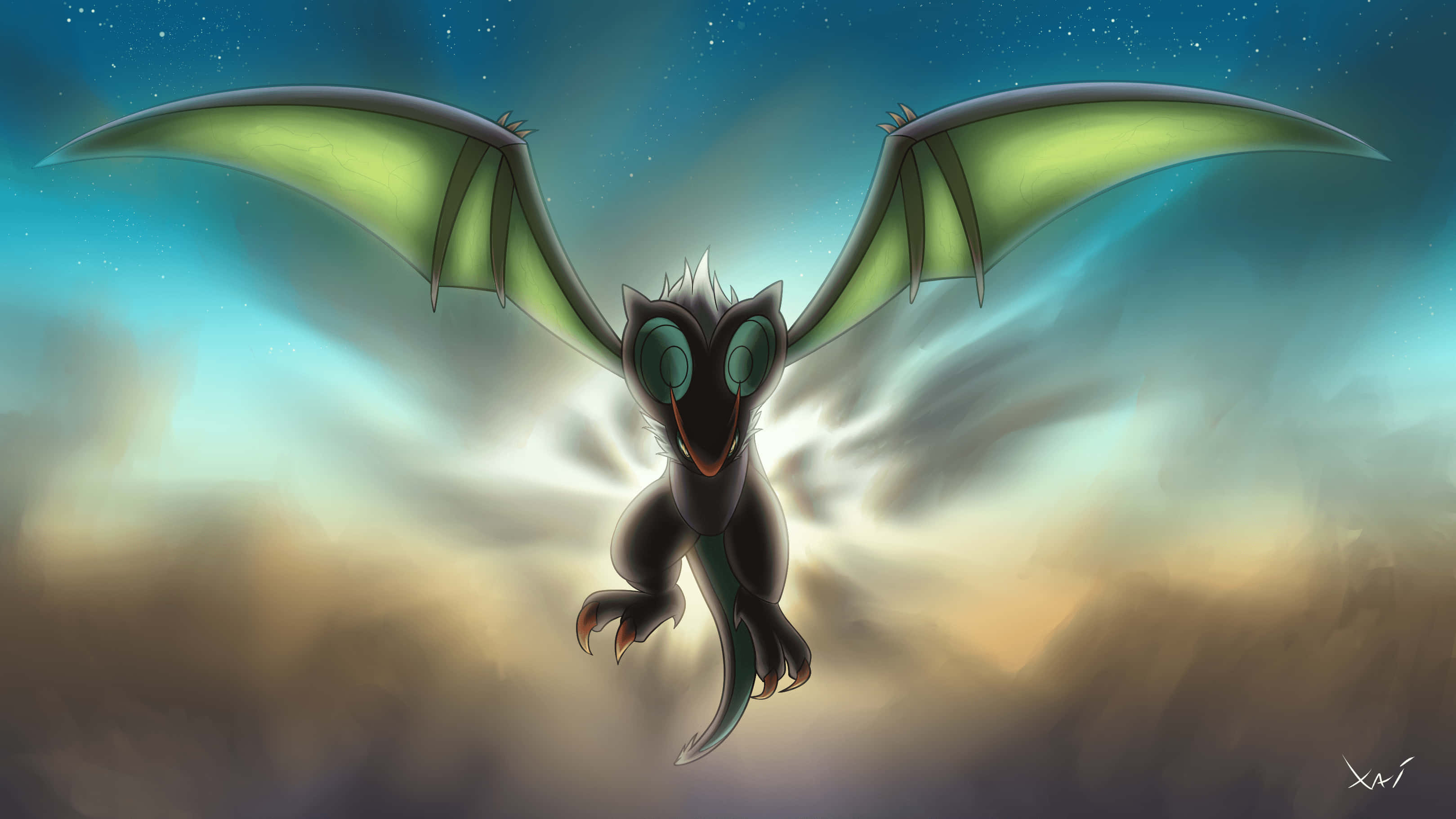 Noivern, glowing green wings, starry twilight sky, 2K Desktop Wallpaper