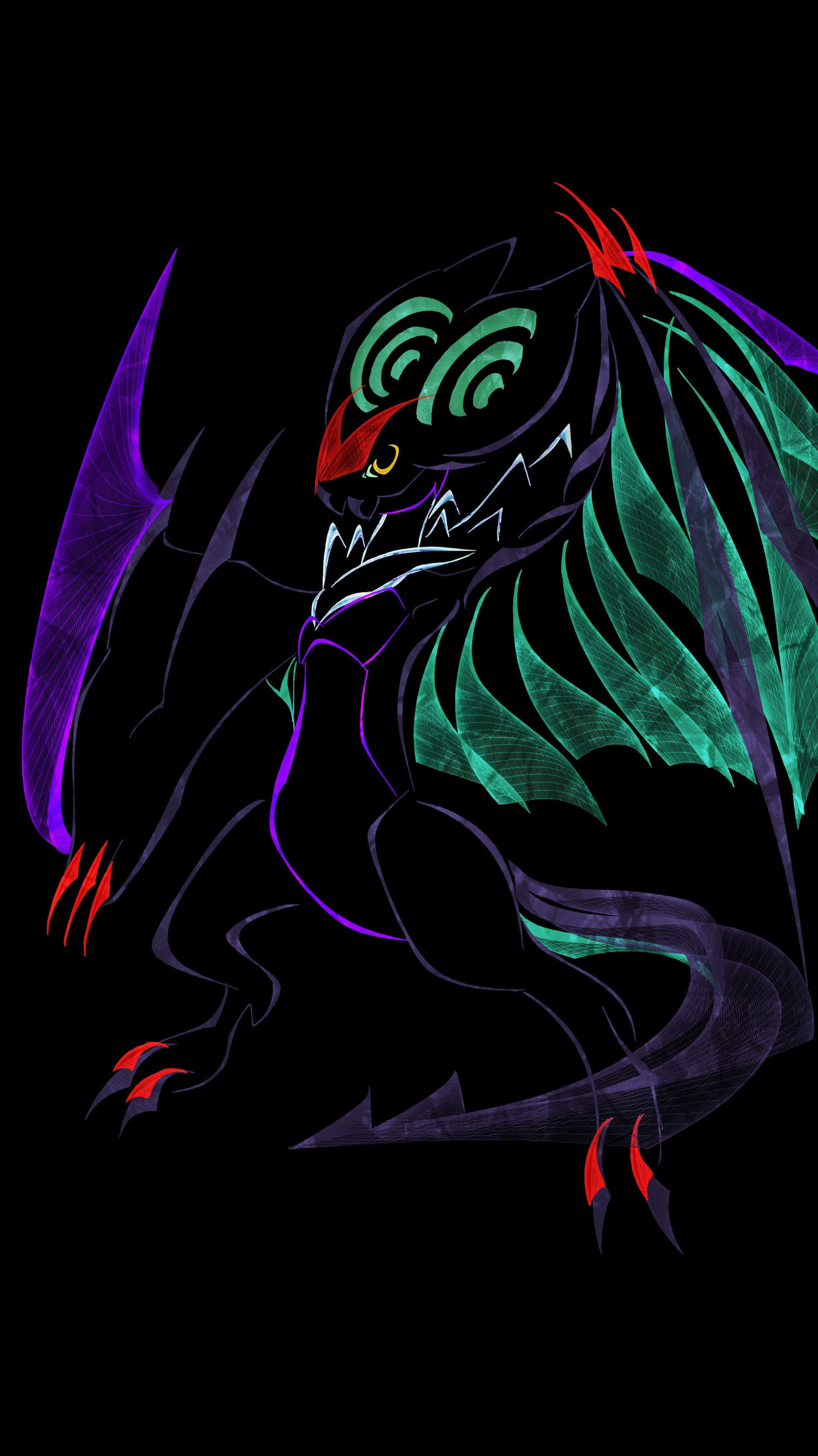 Neon Noivern, glowing green eyes, purple wings, 4K Phone Wallpaper