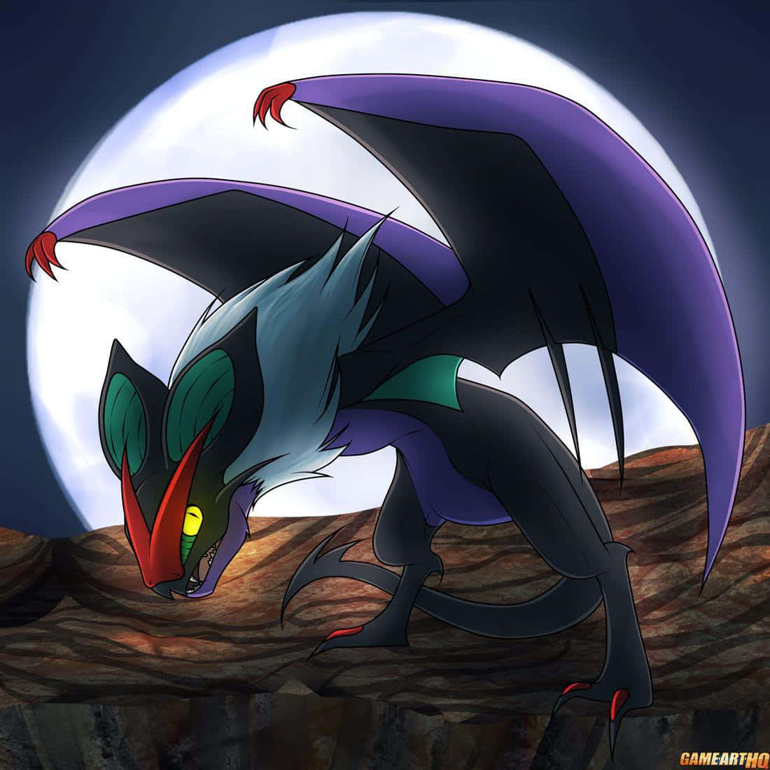 Noivern, moonlit perch, purple and black dragon, SD Desktop Wallpaper