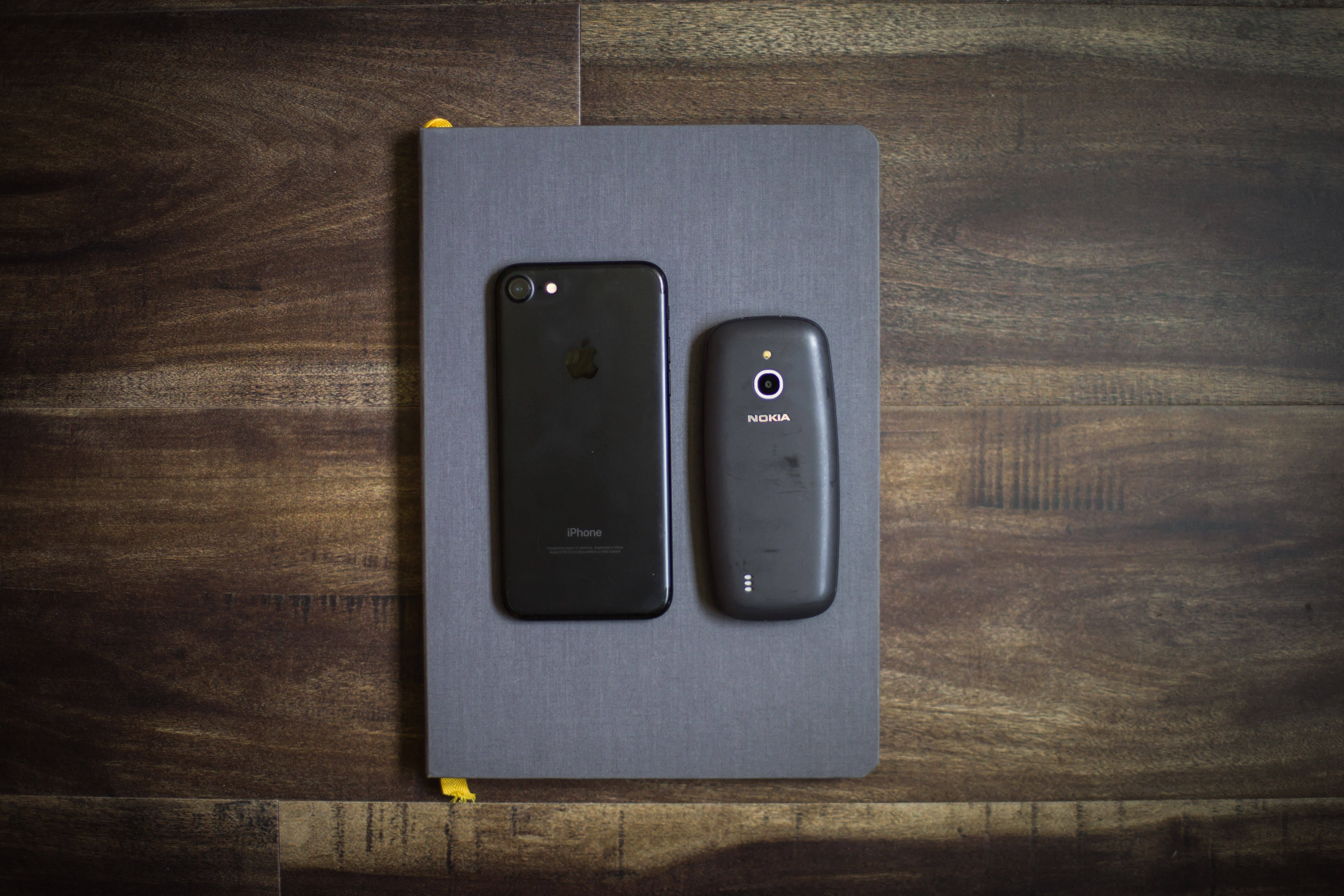 iPhone, Nokia 3310, gray notebook, 5K Desktop Wallpaper