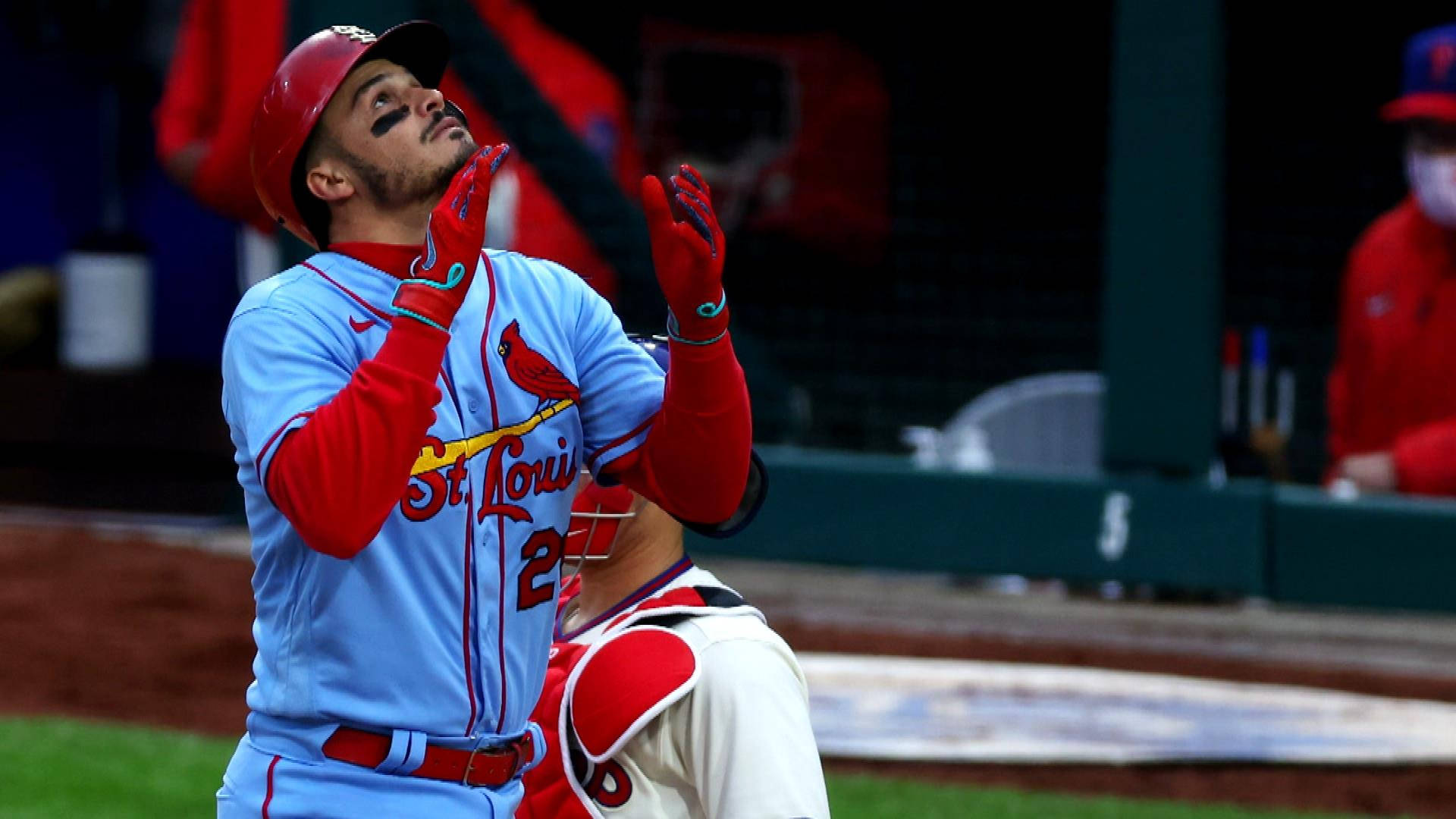 Nolan Arenado, light blue and red uniform, night game, Full HD Desktop Wallpaper