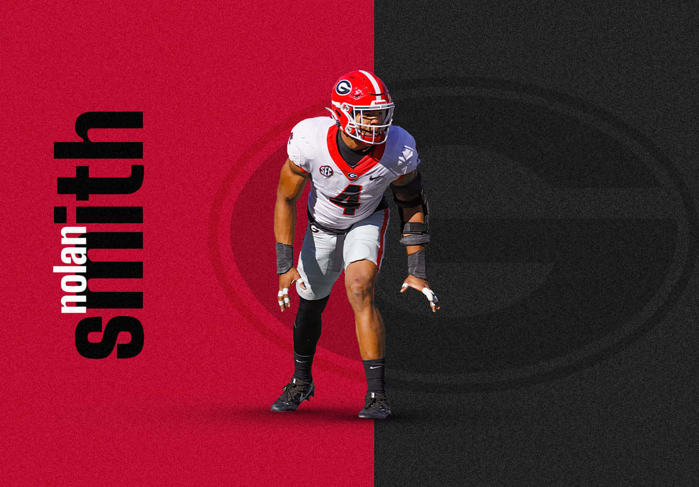 Nolan Smith, red and white uniform, bold red and black split background, HD Desktop Wallpaper
