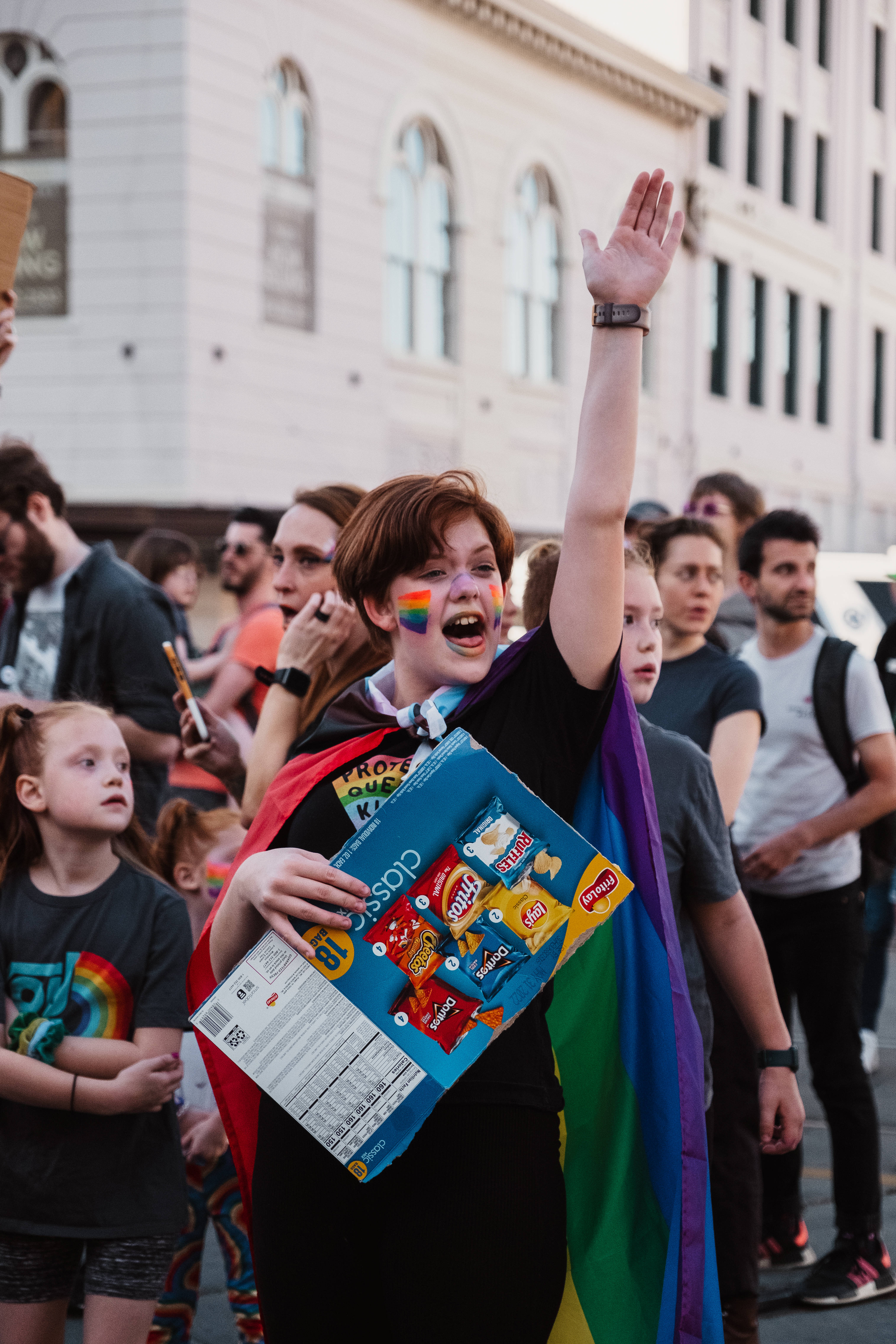Pride parade, rainbow face paint, cape, 5K Phone Wallpaper