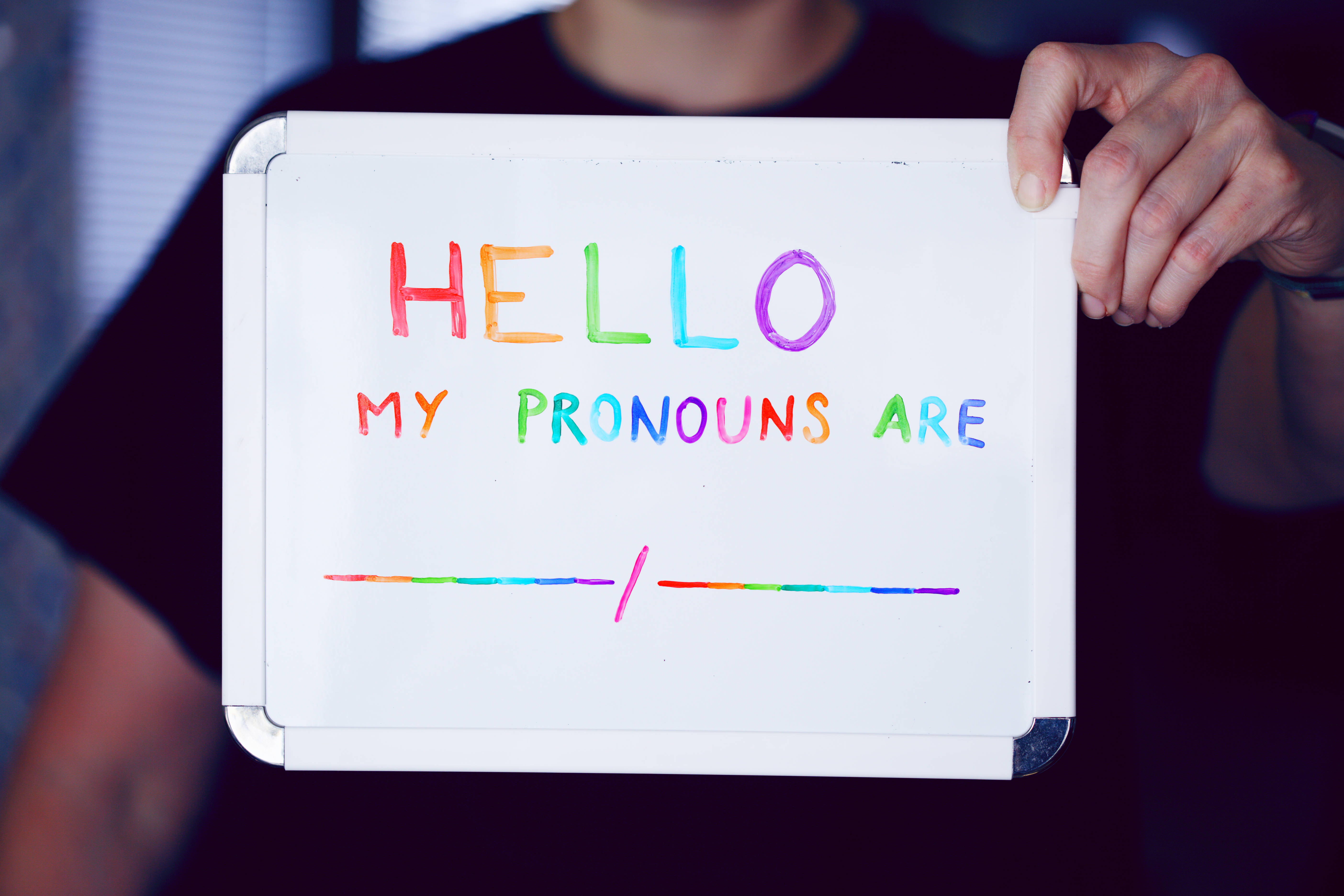 Non-Binary Pronoun Poster, rainbow-colored text, whiteboard, 5K Desktop Wallpaper