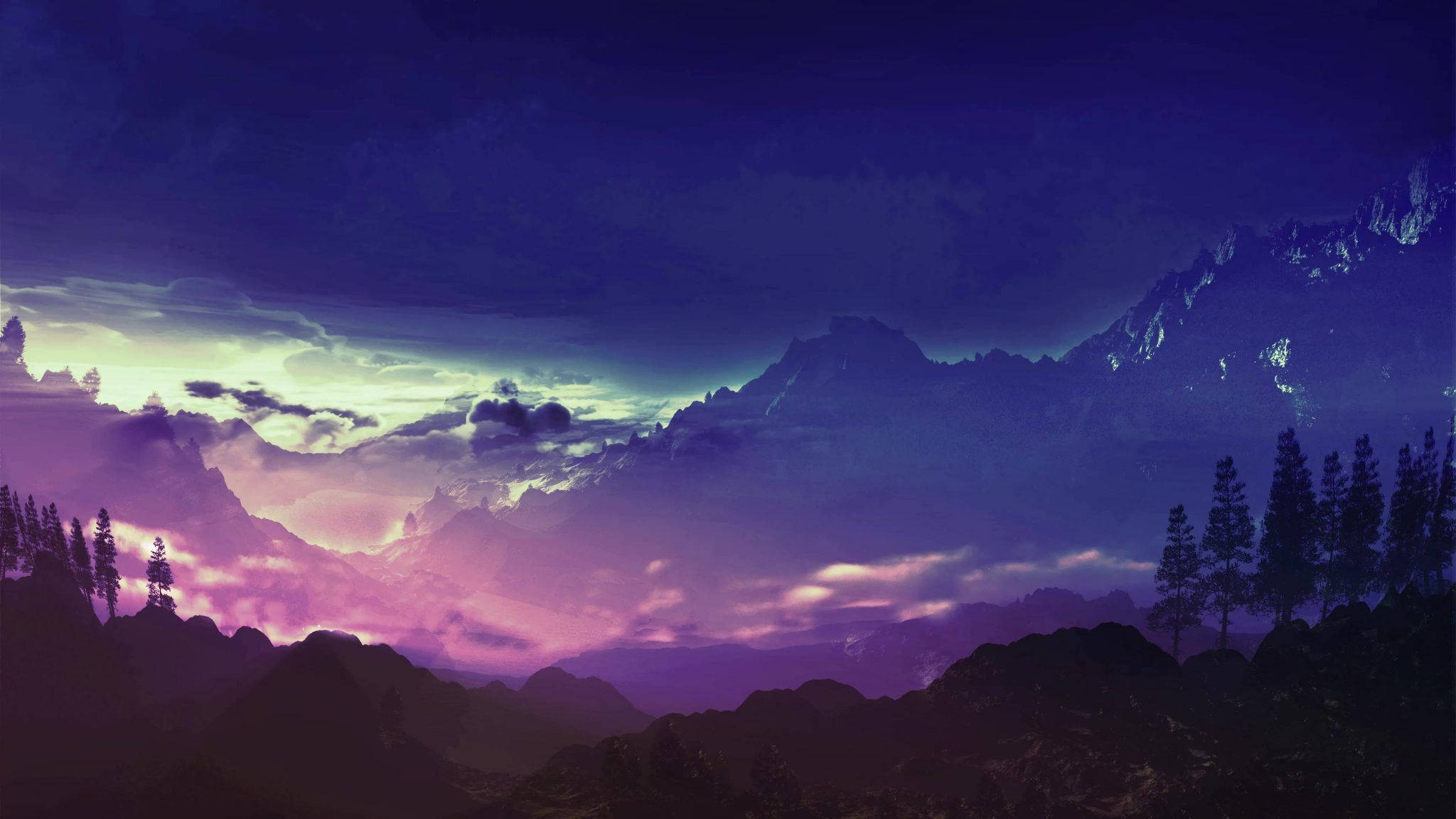 purple aesthetic, mountain range, twilight hues, Full HD Desktop Wallpaper