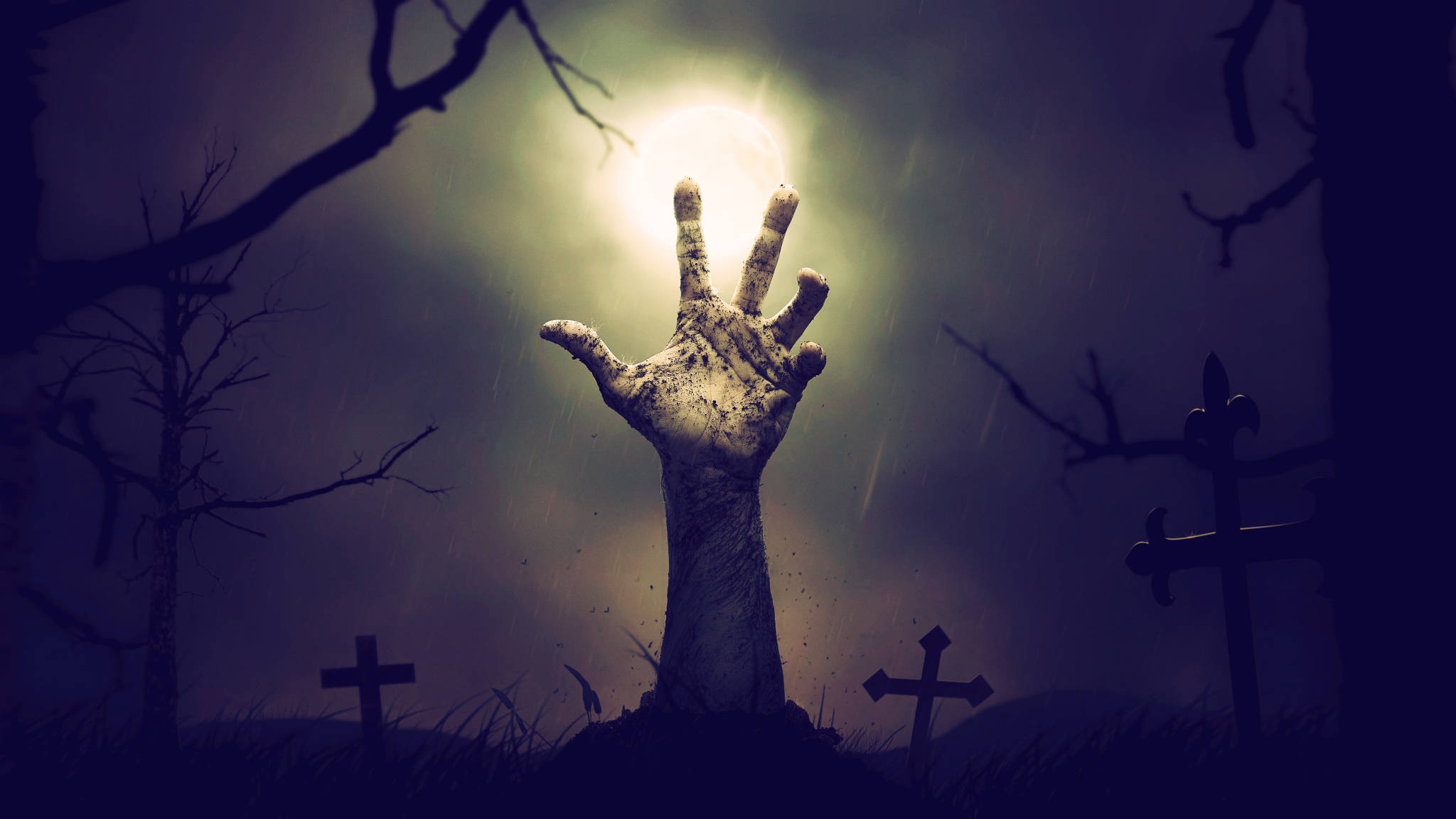 zombie hand, grave, glowing full moon, Full HD Desktop Wallpaper