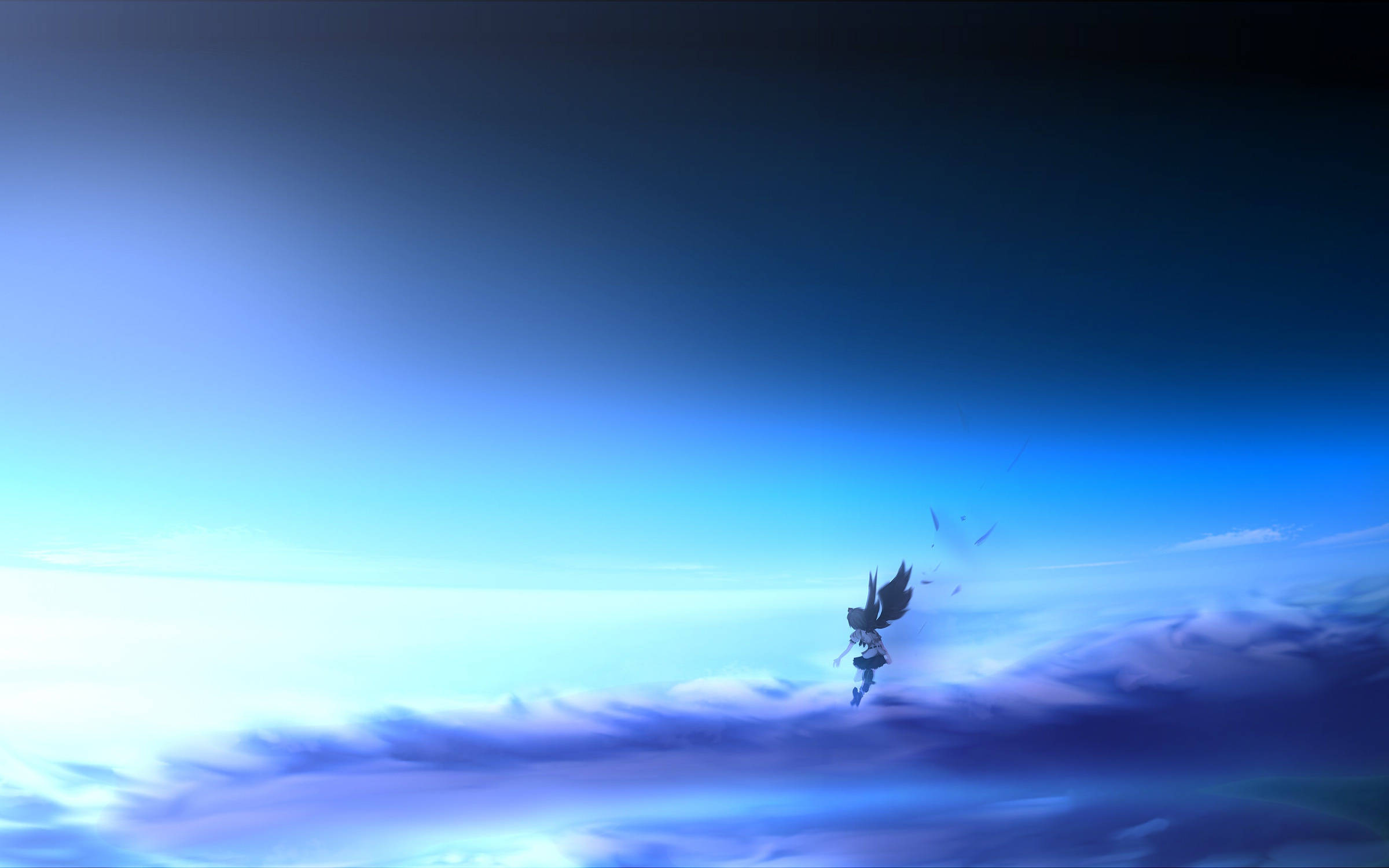 anime angel, winged figure, swirling blue clouds, Full HD Desktop Wallpaper