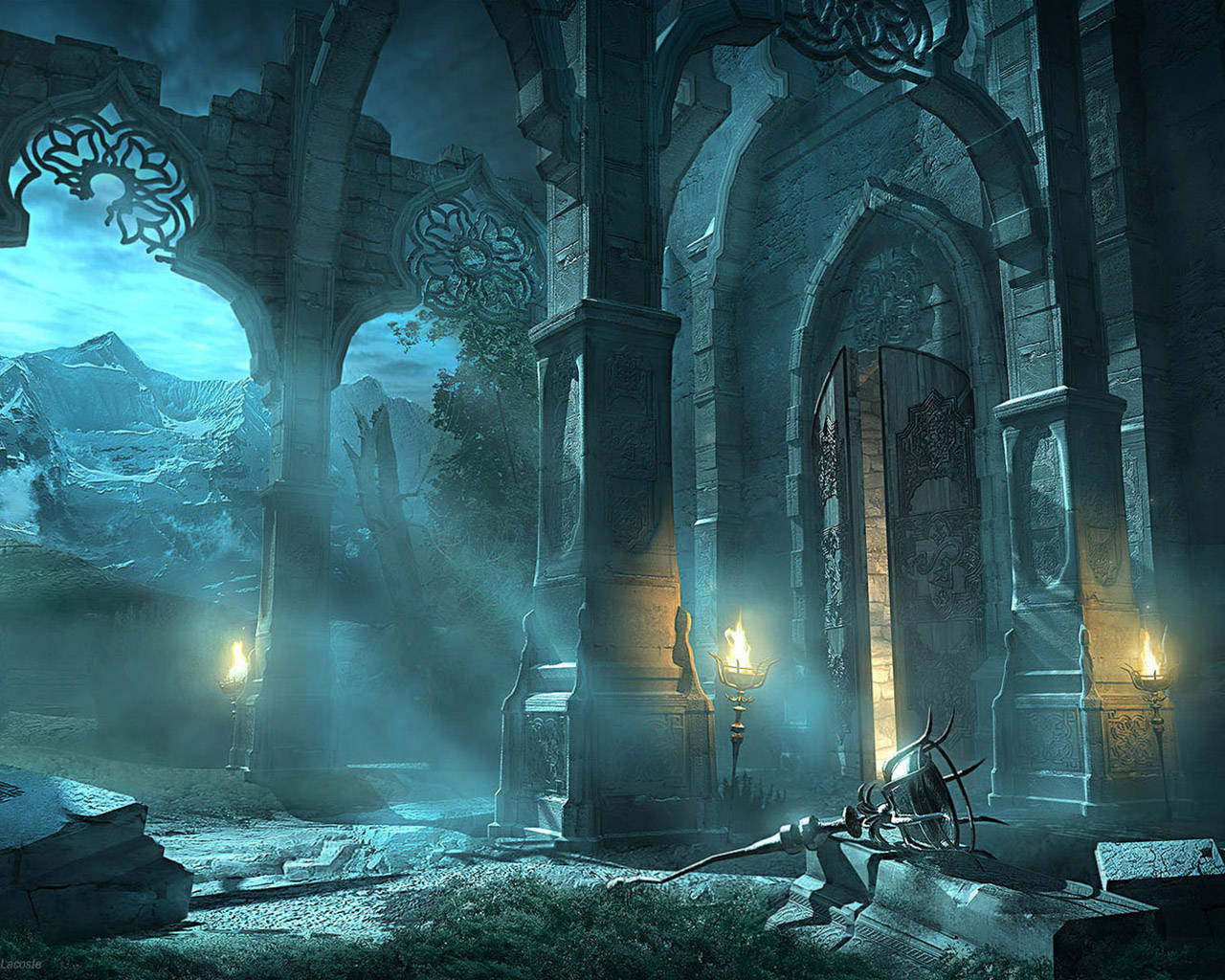 Ancient stone ruins, glowing torches, snowy mountain vista, HD Desktop Wallpaper