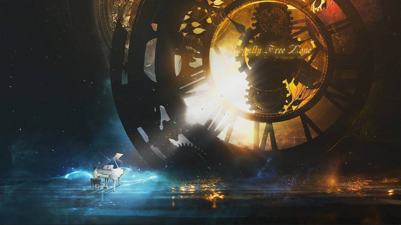 pianist, white grand piano, colossal glowing gear clock, HD Desktop Wallpaper