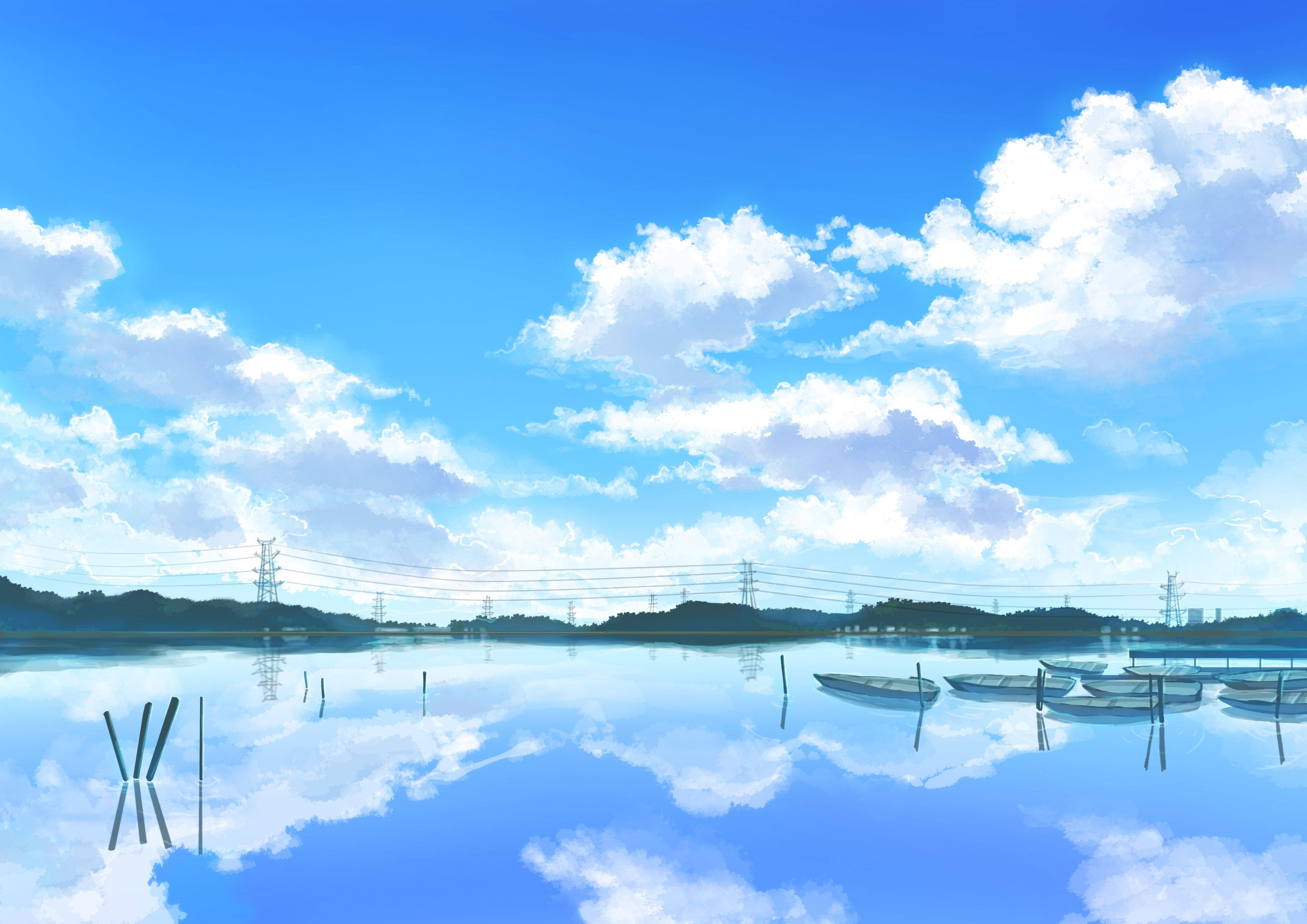 anime-style lake, bright blue sky, fluffy white clouds, 4K Desktop Wallpaper