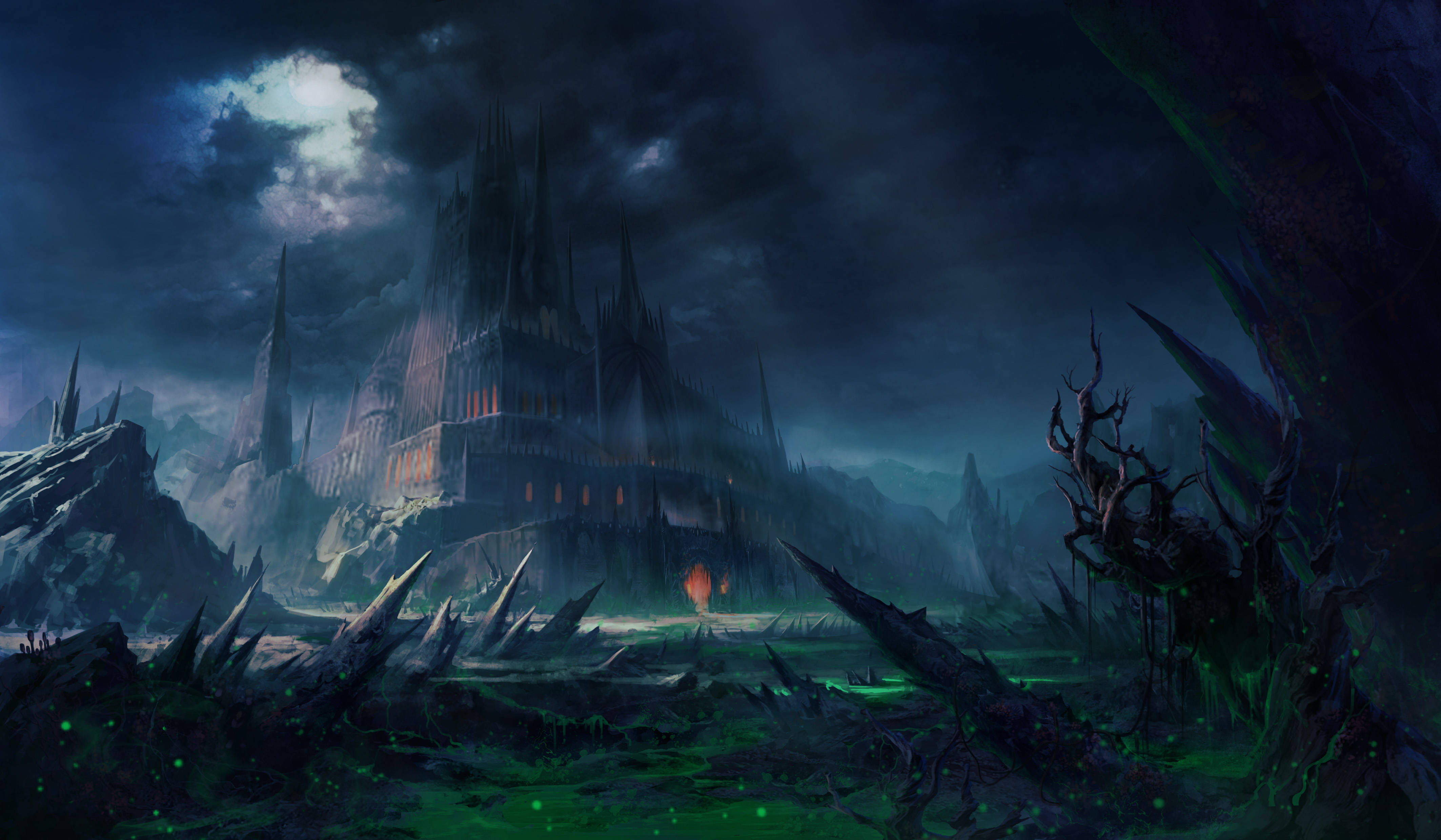 ominous-looking castle, glowing windows, jagged rocks, 4K Desktop Wallpaper