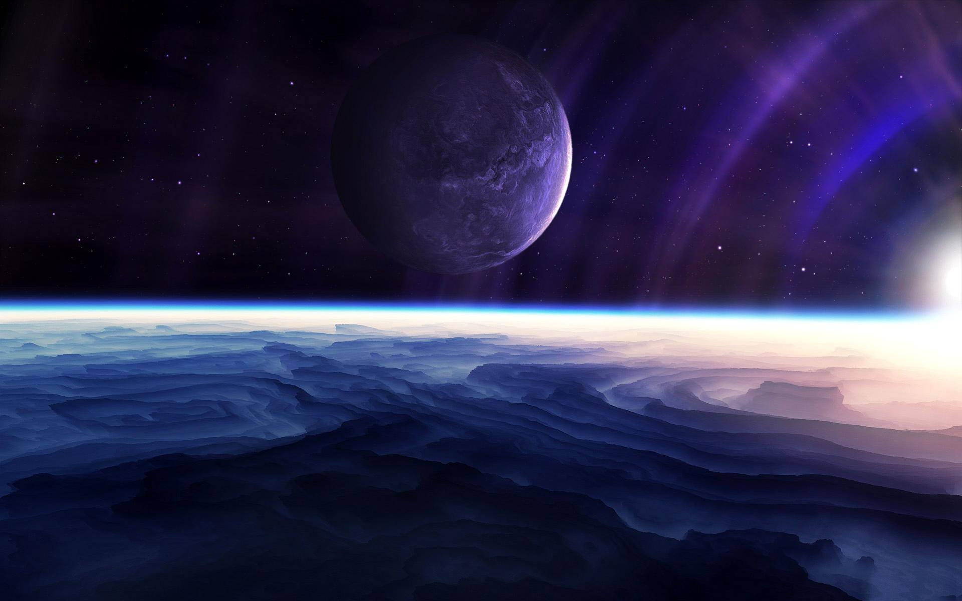 purple moon, purple planet, misty blue alien landscape, Full HD Desktop Wallpaper