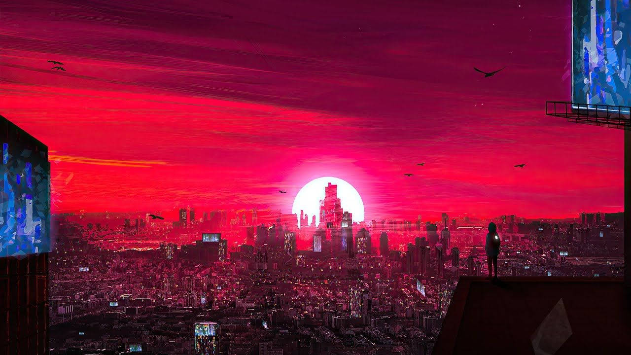 red sunset, city, rooftop, HD Desktop Wallpaper