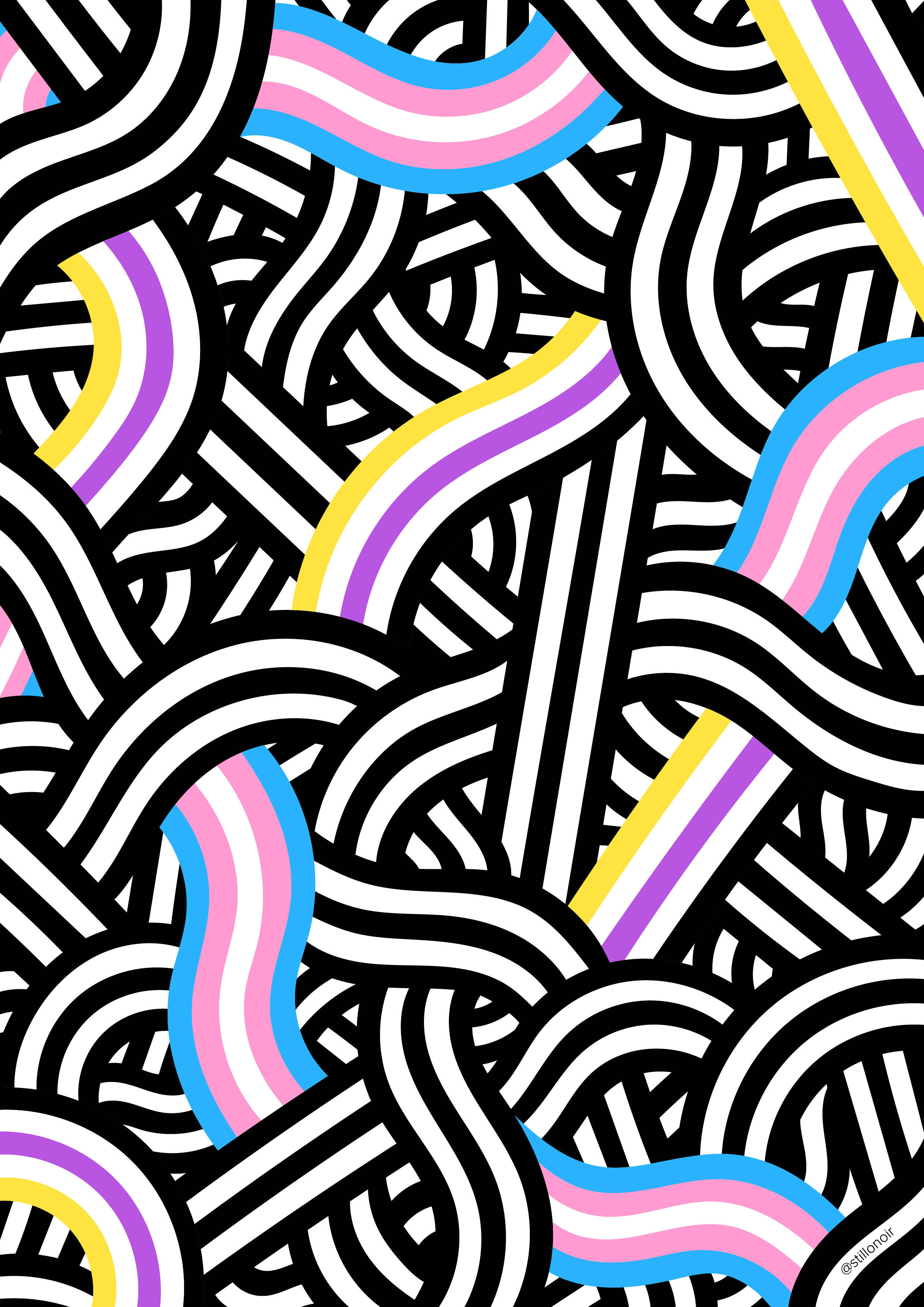 black and white pattern, vibrant wavy stripes, pink blue and yellow, 2K Phone Wallpaper