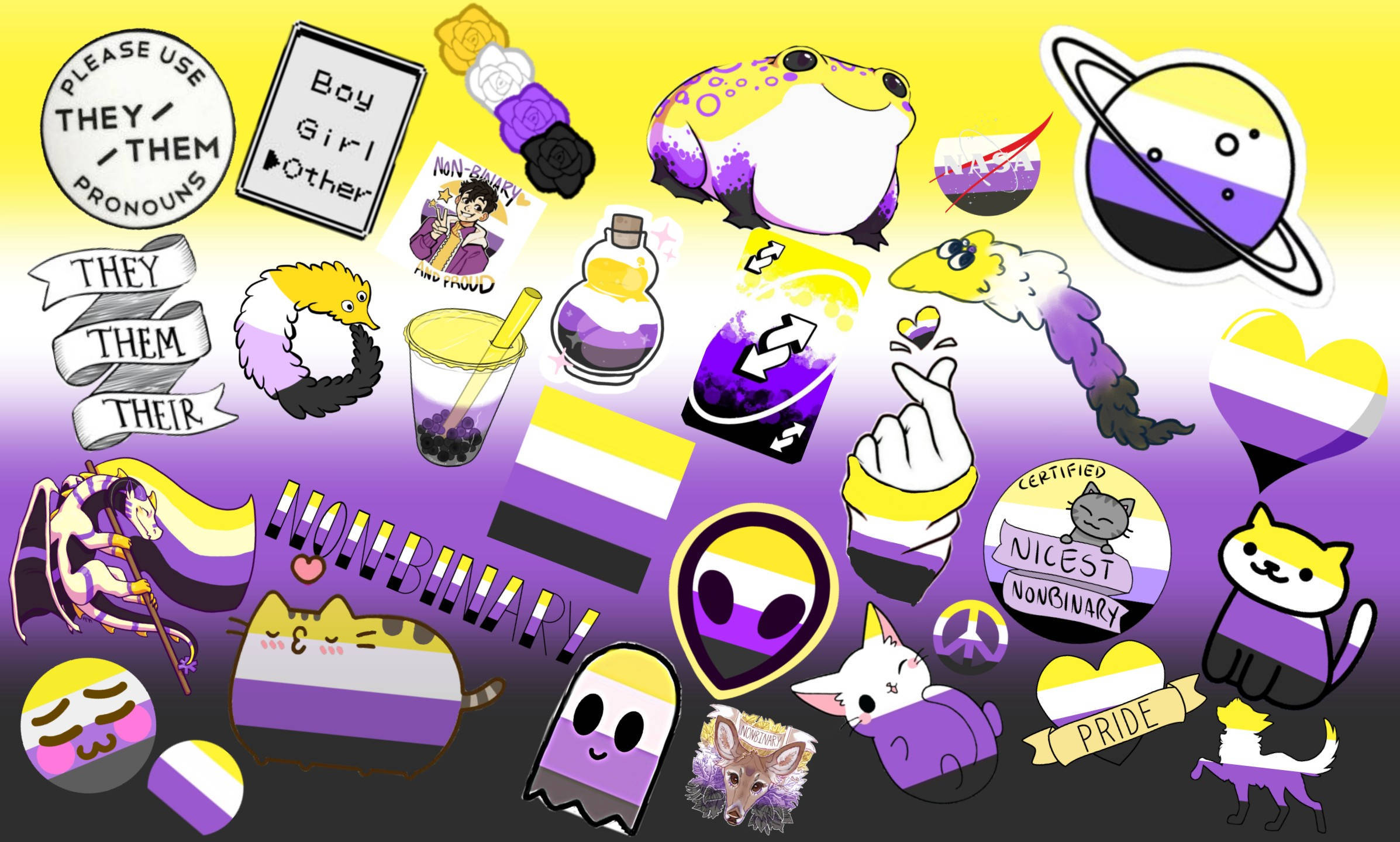 nonbinary, purple yellow gradient background, nonbinary pride stickers, Full HD Desktop Wallpaper
