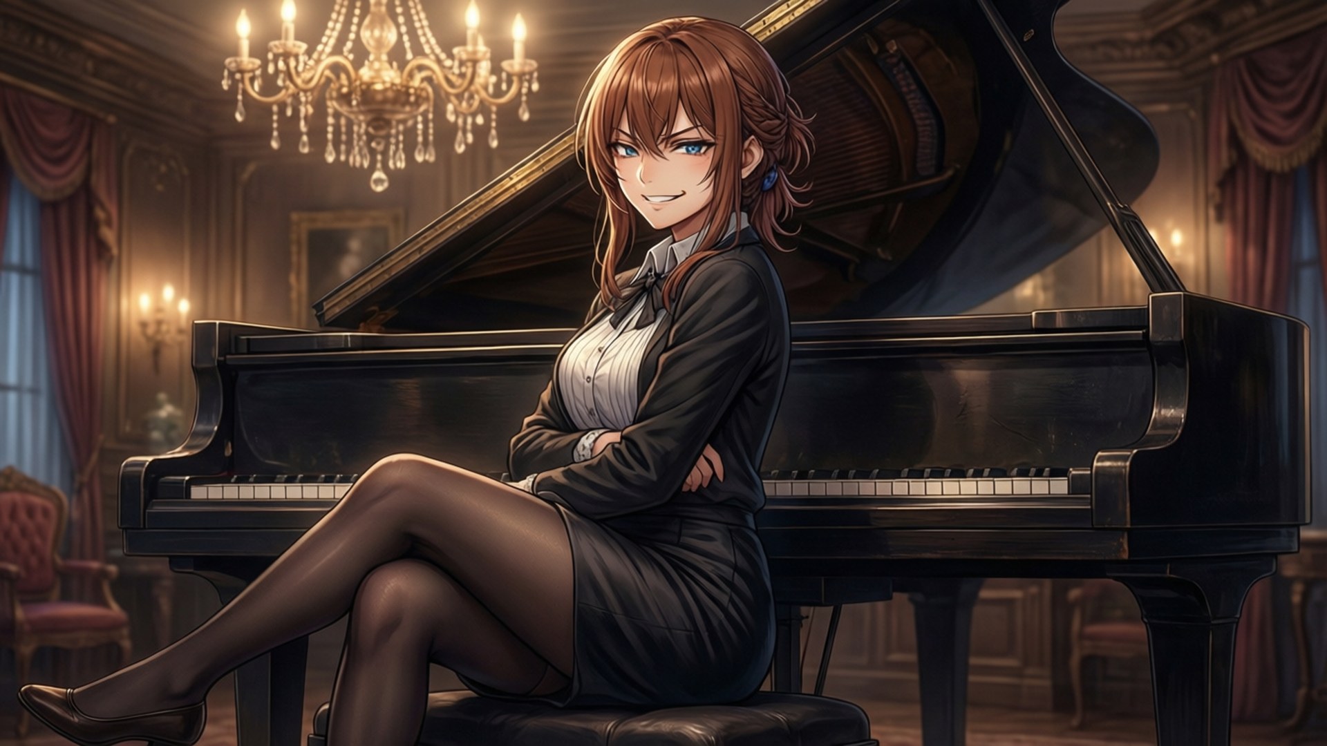Nonon Jakuzure, piano, vintage lighting, Full HD Desktop Wallpaper