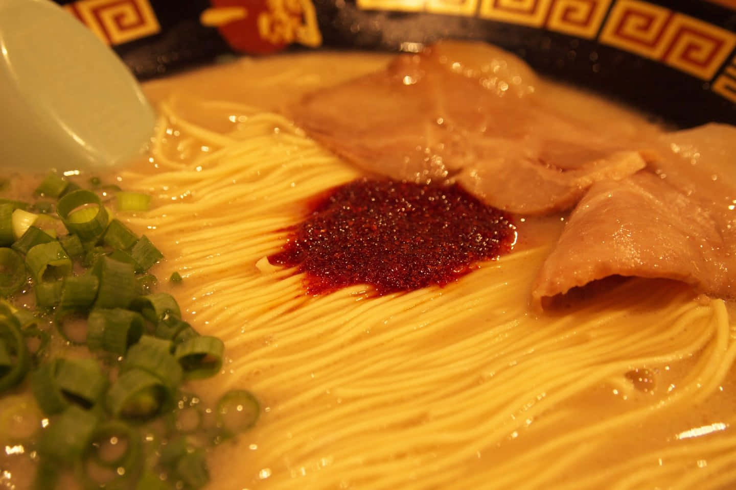 raw ramen, golden noodles, sliced pork, HD Desktop Wallpaper
