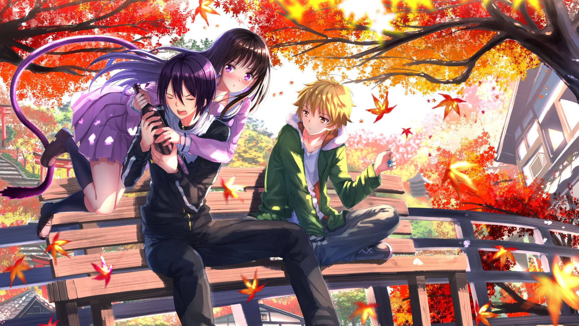 Noragami, autumn, wooden bridge, Full HD Desktop Wallpaper