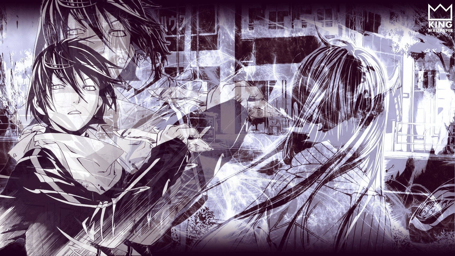Noragami, monochrome artwork, black and white battle scene, Full HD Desktop Wallpaper