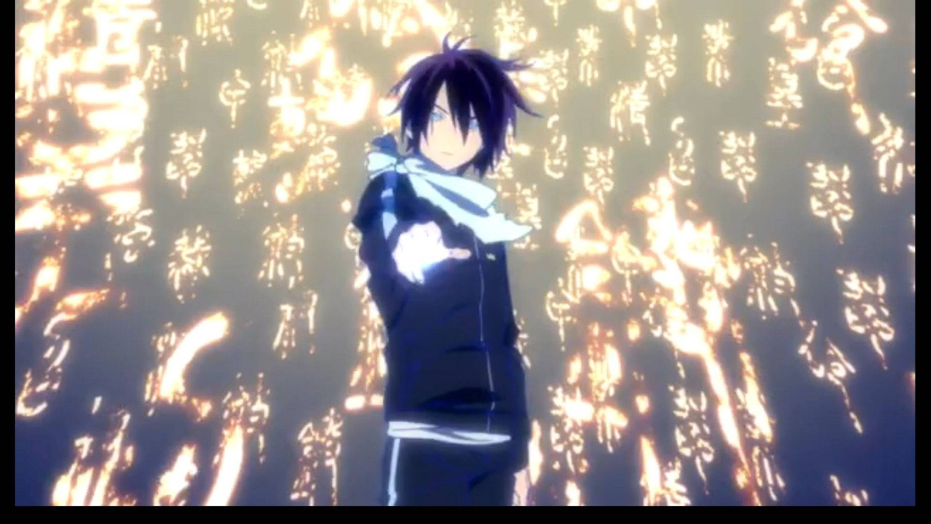 Noragami, glowing hand, wall of floating golden kanji characters, Full HD Desktop Wallpaper