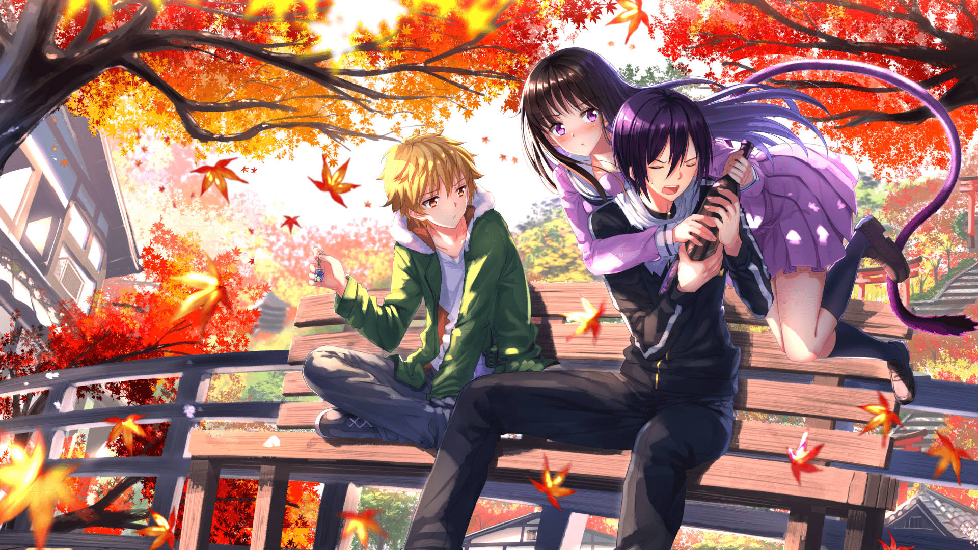Noragami, autumn maple trees, wooden bridge, Full HD Desktop Wallpaper