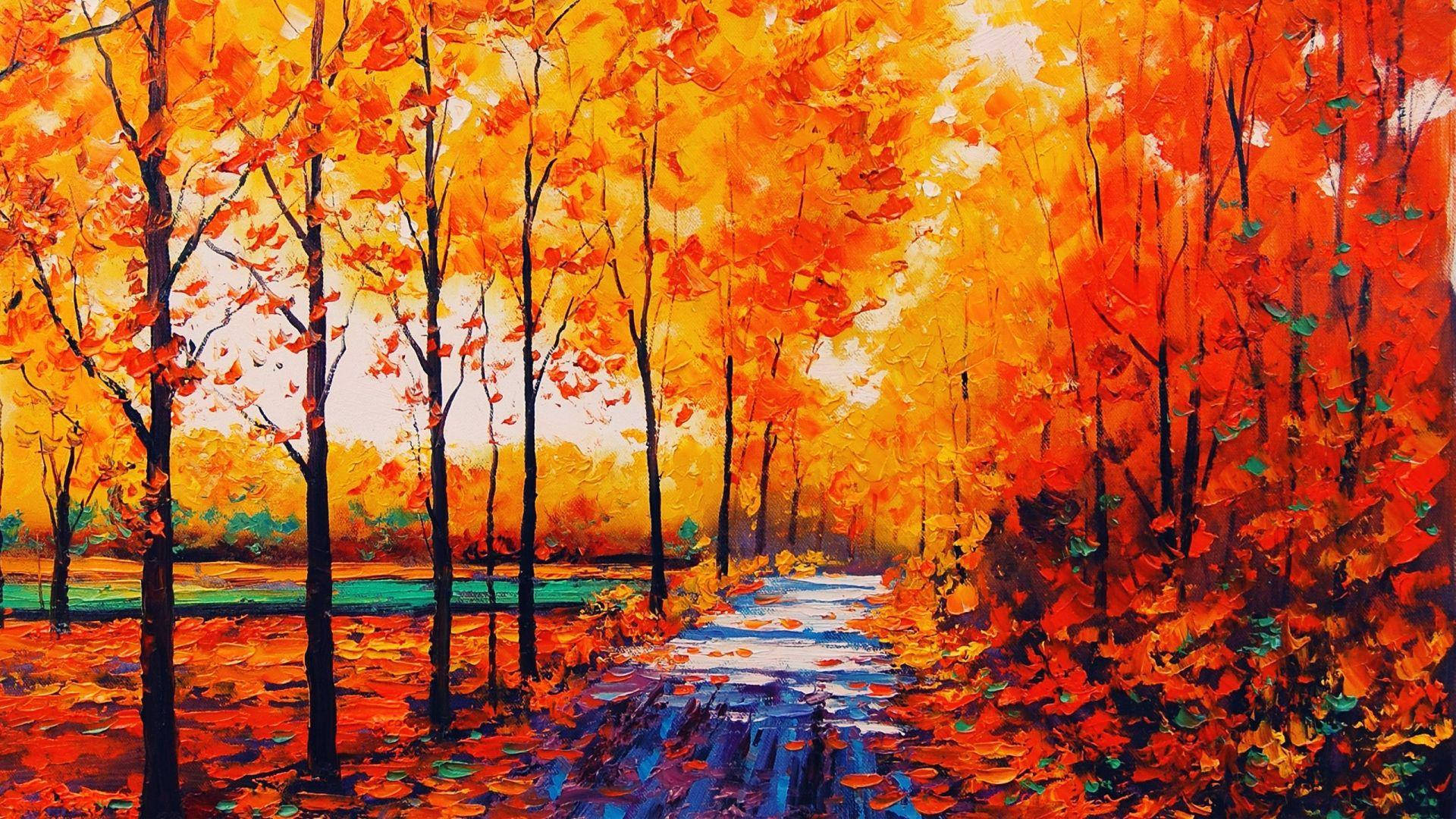 autumn trees painting, winding path, forest, Full HD Desktop Wallpaper