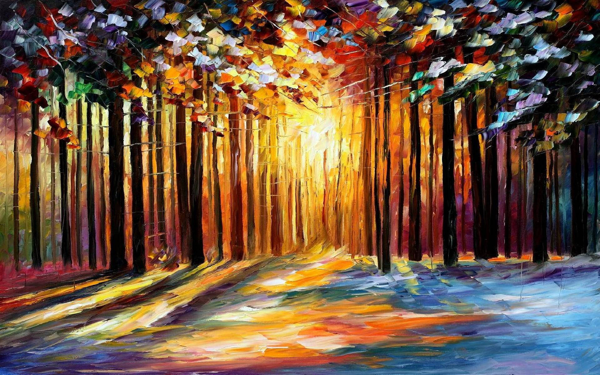 forest path, golden sunlight, colorful autumn leaves, Full HD Desktop Wallpaper
