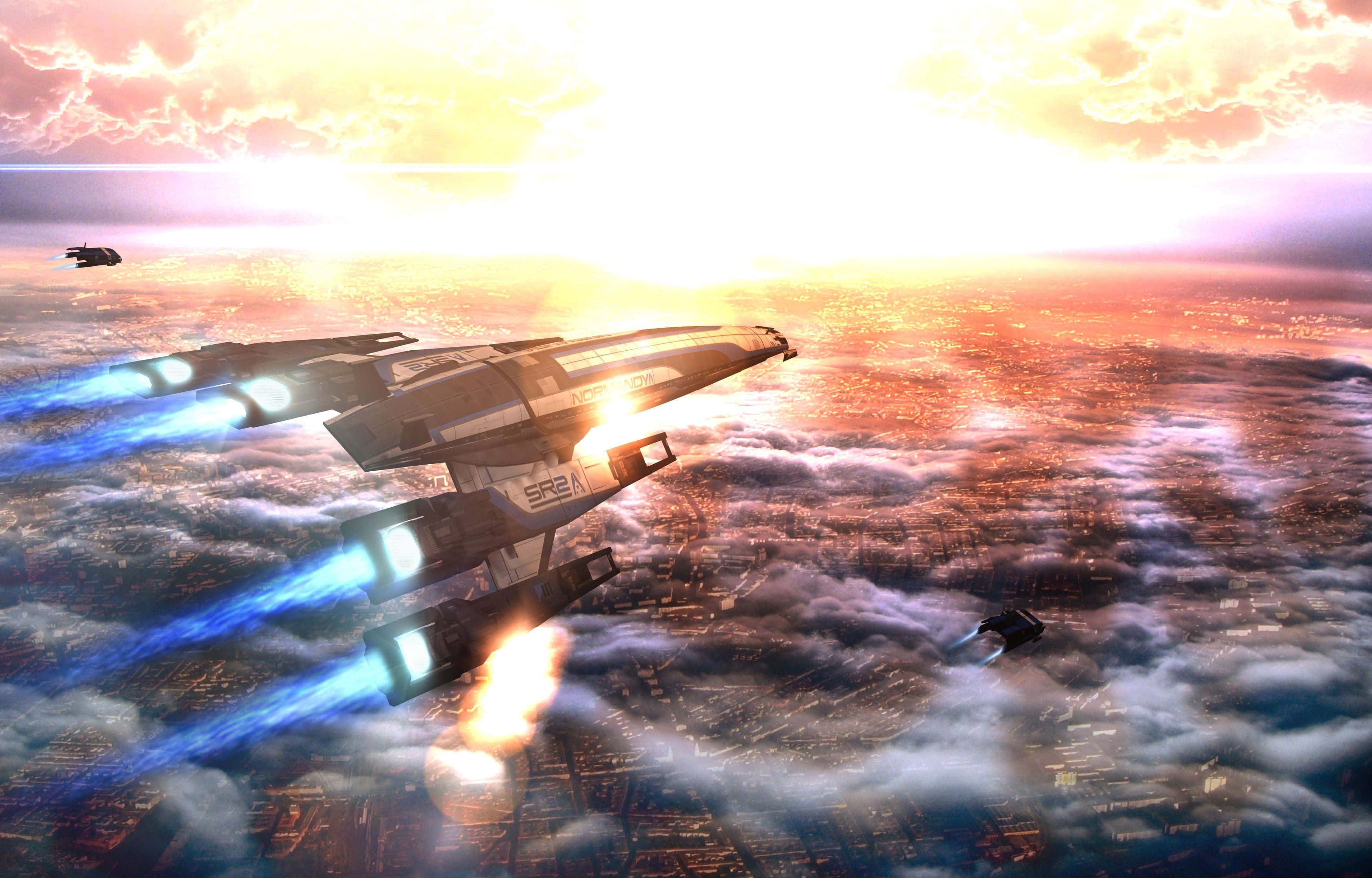 Normandy SR-2, blue thrusters, cloud layer, 4K Desktop Wallpaper