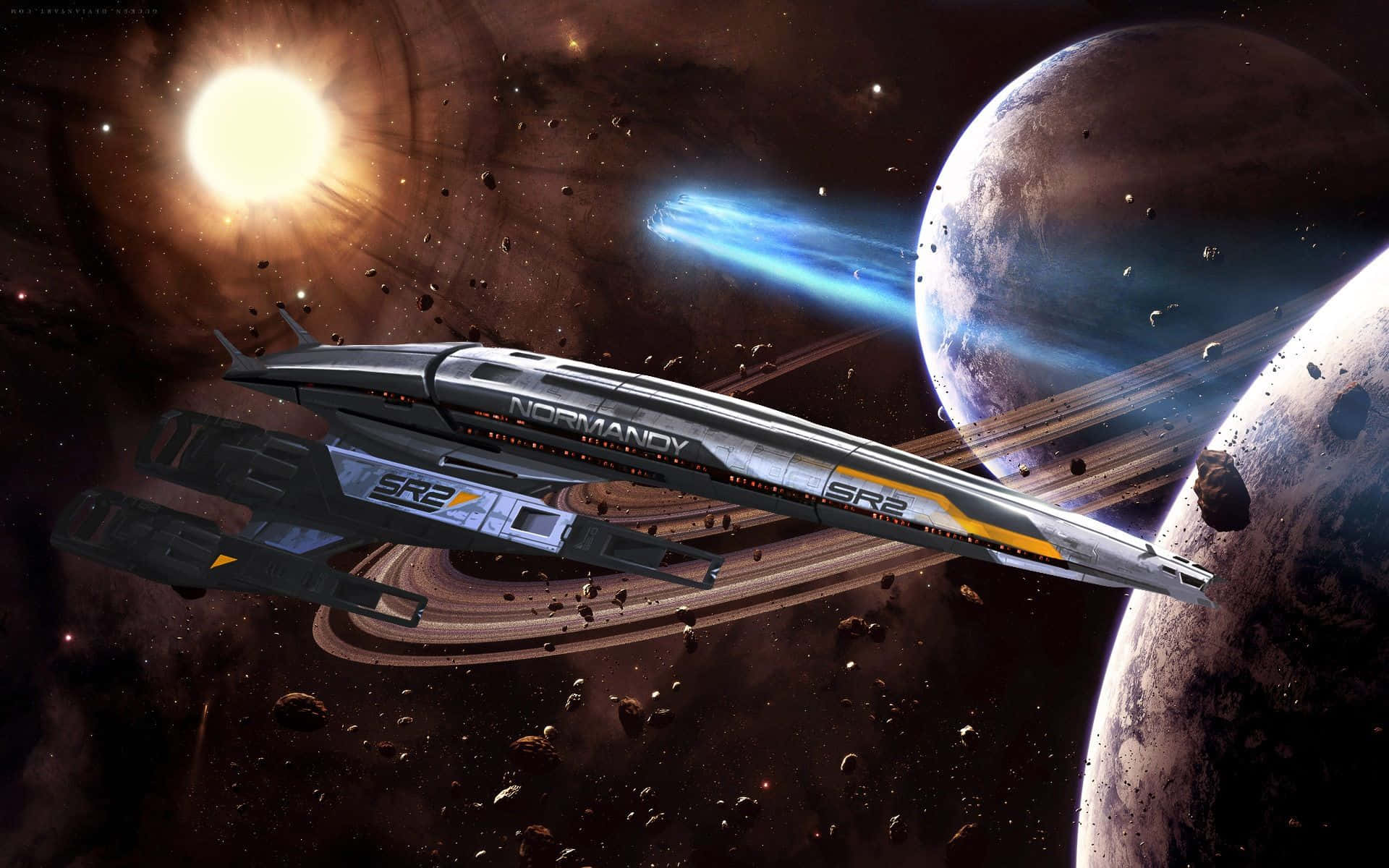 Normandy SR-2, gas giant, asteroid field, Full HD Desktop Wallpaper