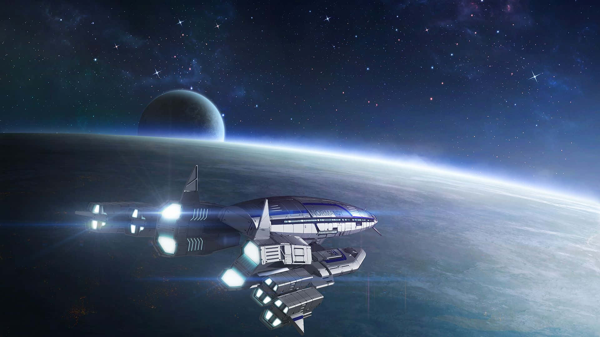Normandy SR-2, futuristic spaceship, planet's curved horizon, Full HD Desktop Wallpaper