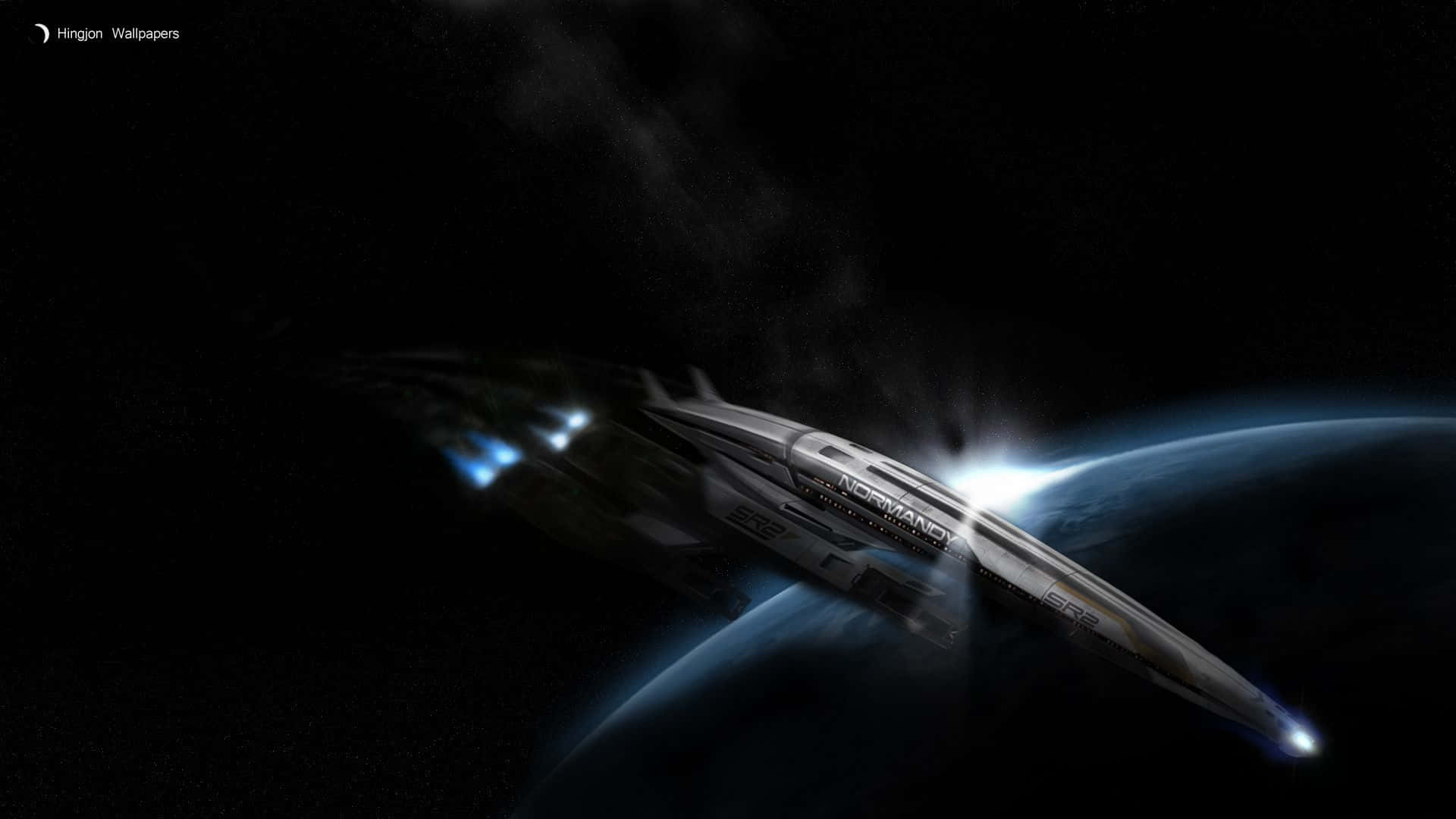 Normandy SR-2, silver, glowing blue engines, Full HD Desktop Wallpaper