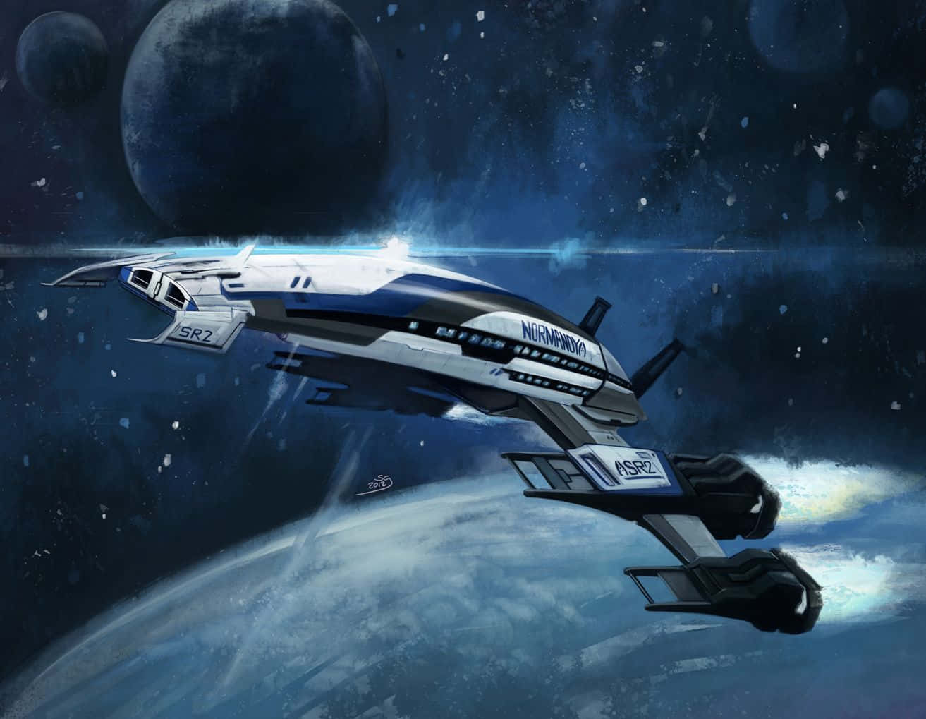Normandy SR-2, white and blue spaceship, deep space, HD Desktop Wallpaper
