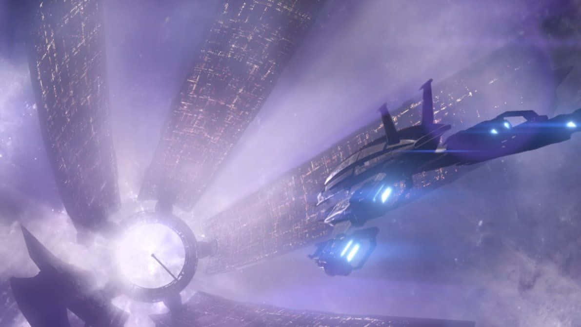 Normandy SR-2, glowing purple nebula, massive ringed space station, SD Desktop Wallpaper