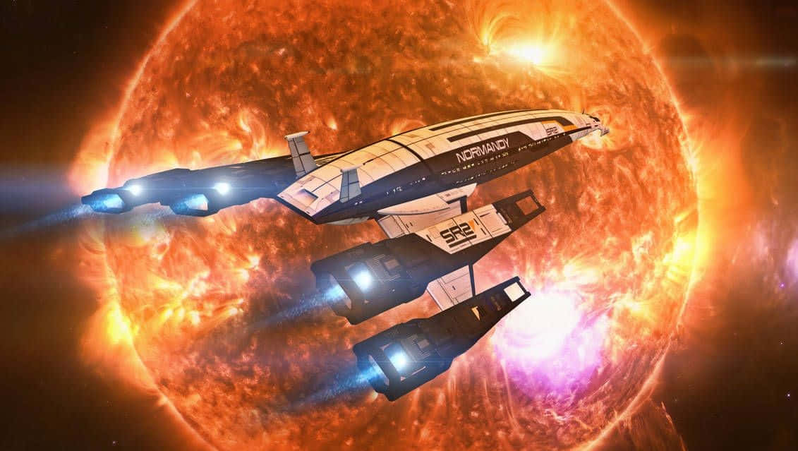 Normandy SR-2, glowing blue engines, massive fiery orange sun, SD Desktop Wallpaper
