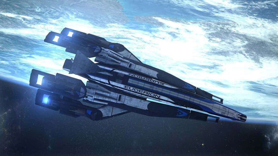 Normandy SR-2, glowing blue engines, swirling blue and white atmosphere, SD Desktop Wallpaper
