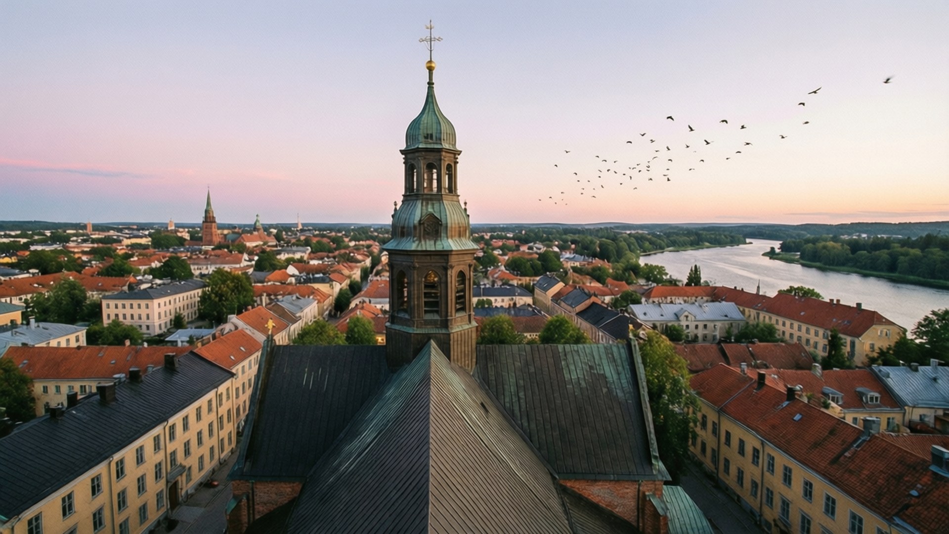 Norrköping, church tower, sunrise, Full HD Desktop Wallpaper