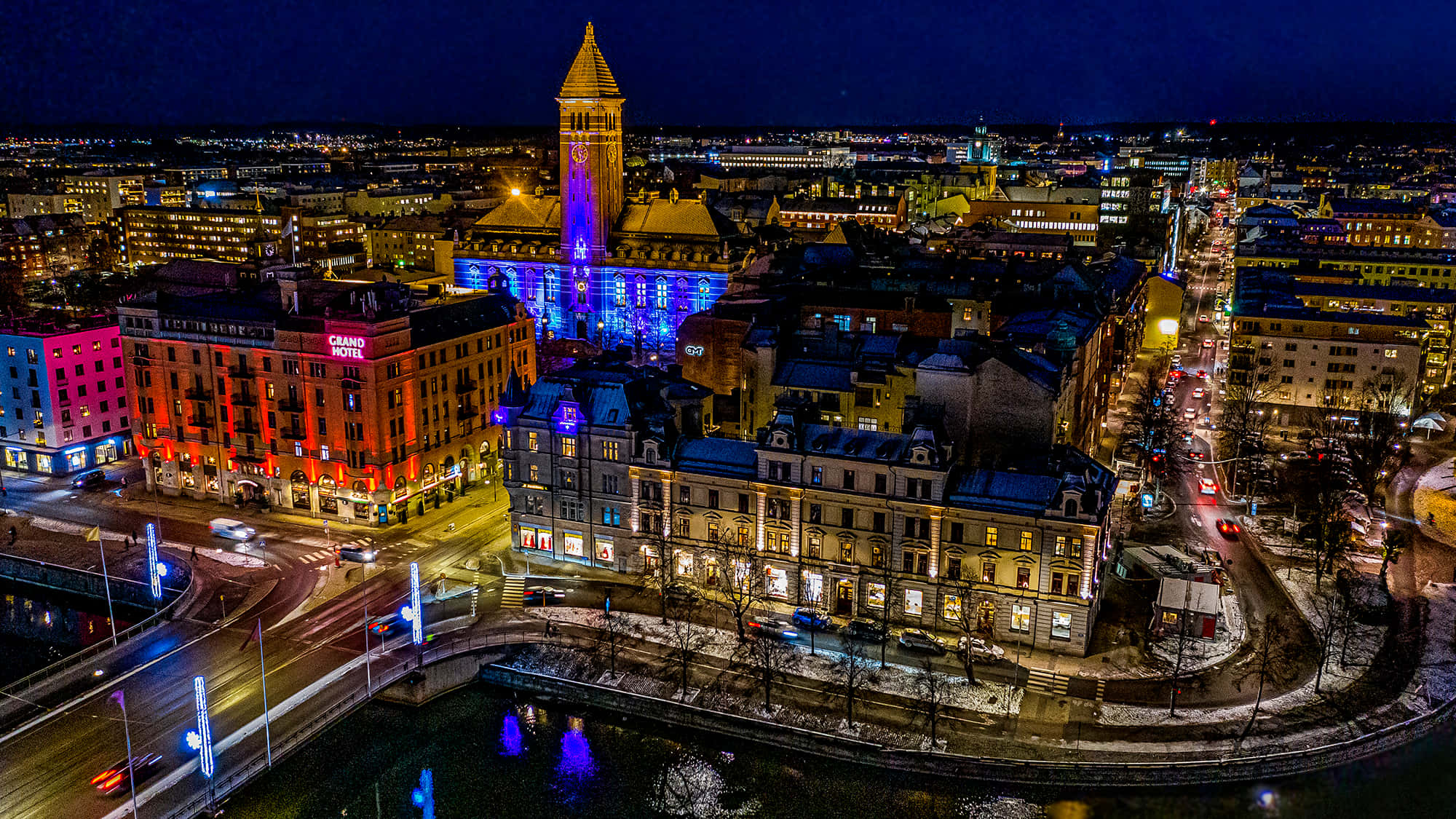 Norrköping, nighttime cityscape, aerial view, Full HD Desktop Wallpaper