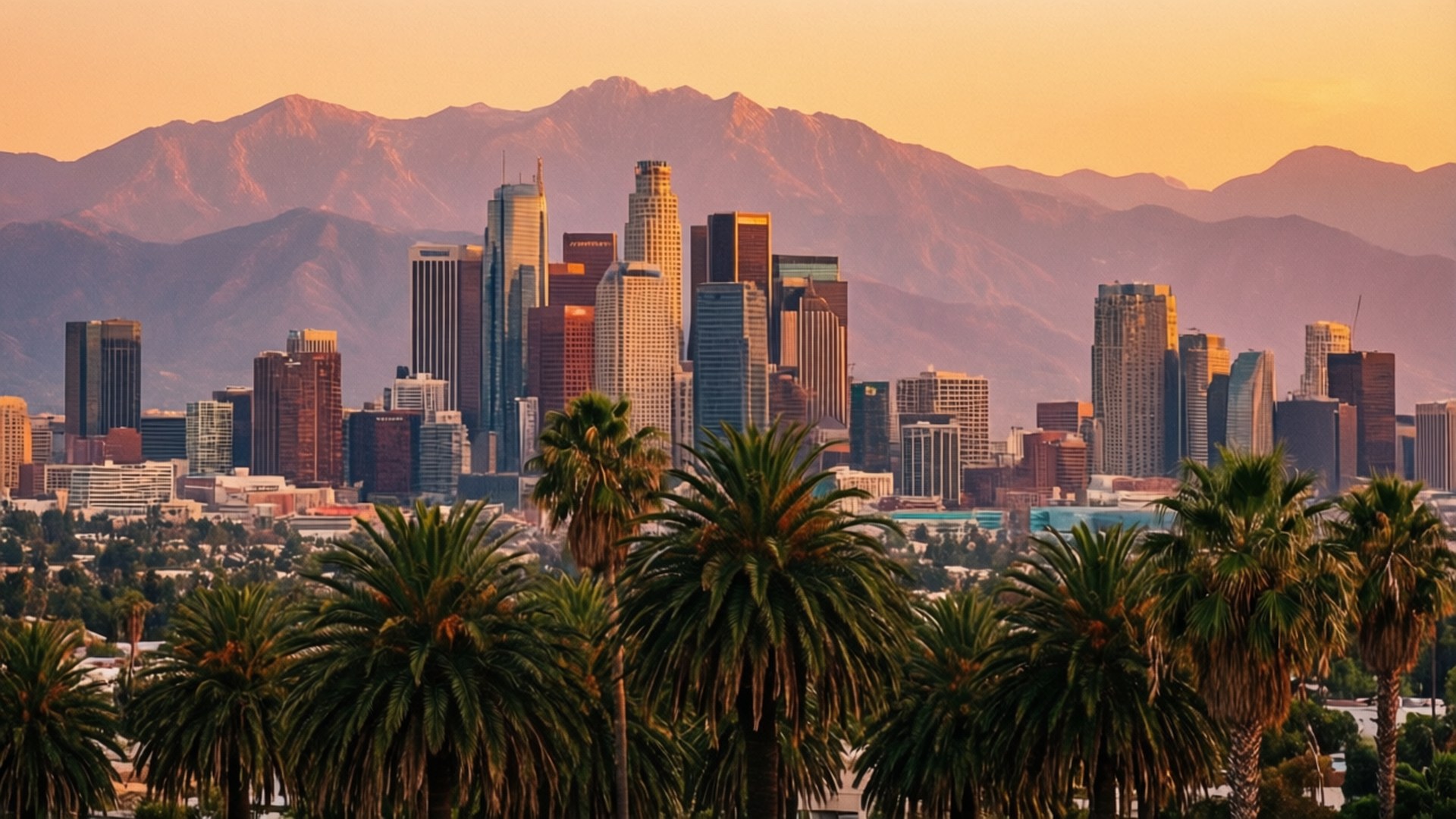 LA Skyline, dusk, palm trees, Full HD Desktop Wallpaper