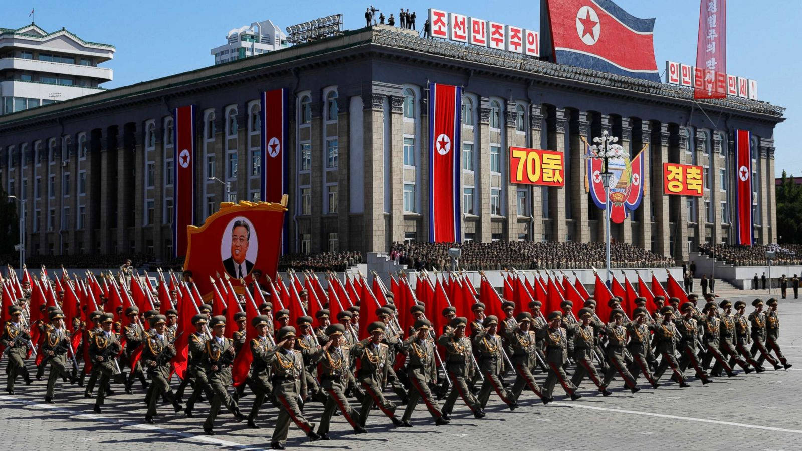 North Korea, soldiers, red flags, HD Desktop Wallpaper
