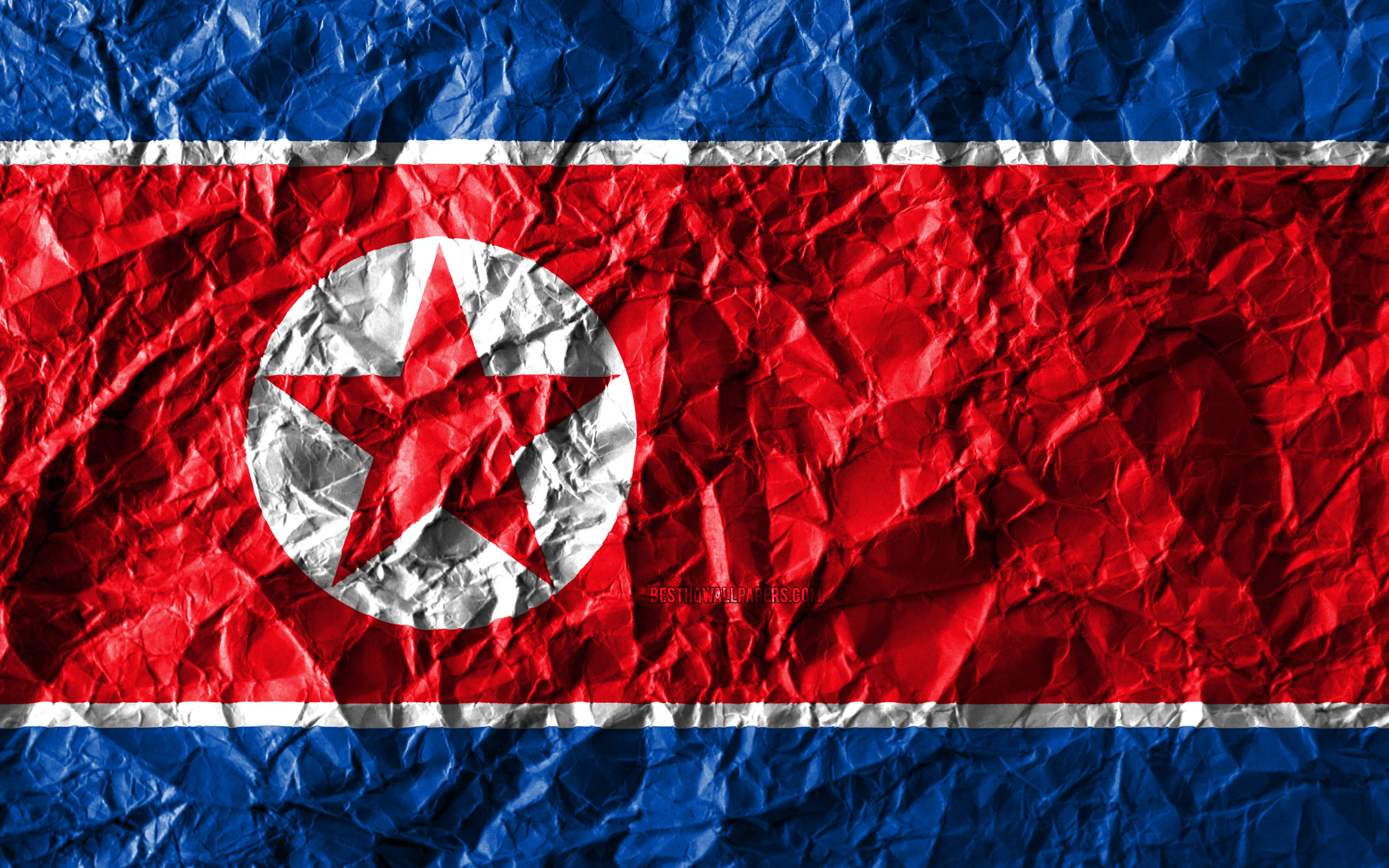 North Korea flag, red white and blue stripes, red star, 4K Desktop Wallpaper