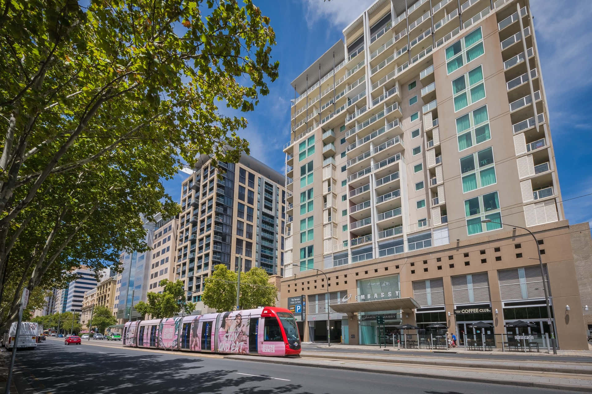 North Terrace Adelaide, bright red tram, modern high-rise buildings, Full HD Desktop Wallpaper