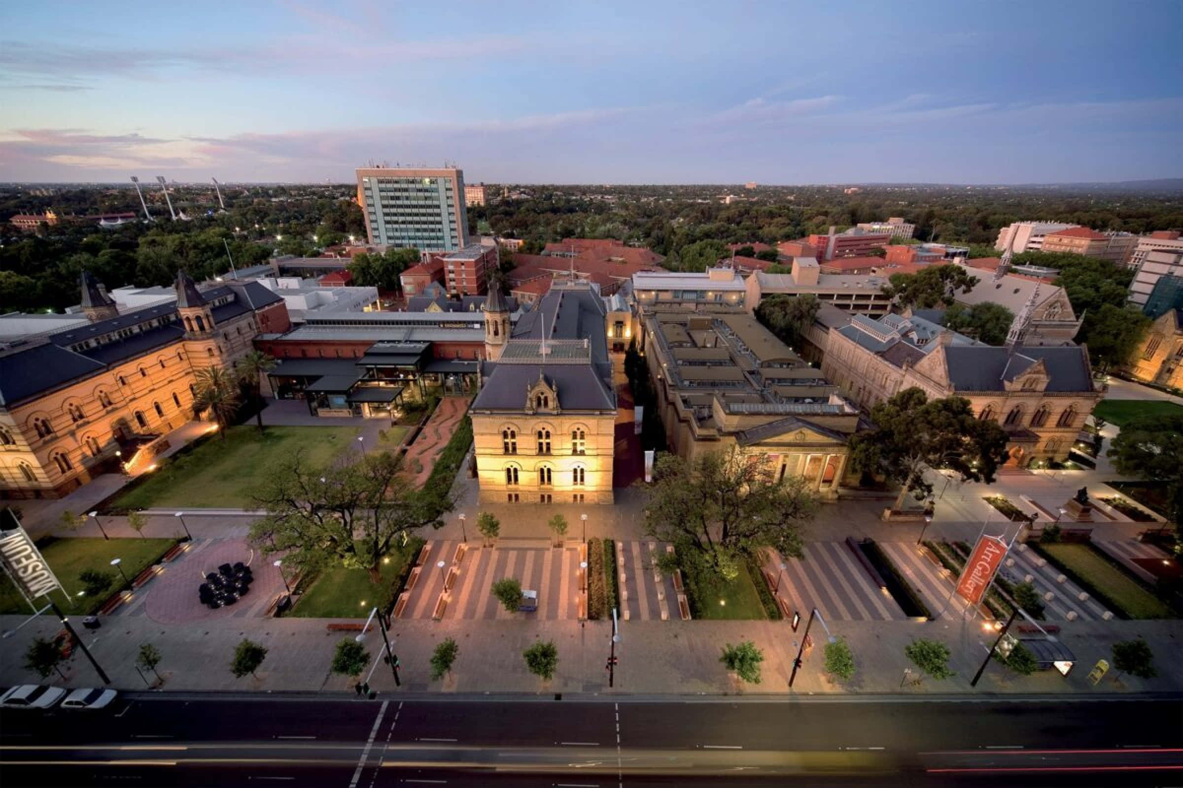 North Terrace Adelaide, dusk view, aerial view, Full HD Desktop Wallpaper