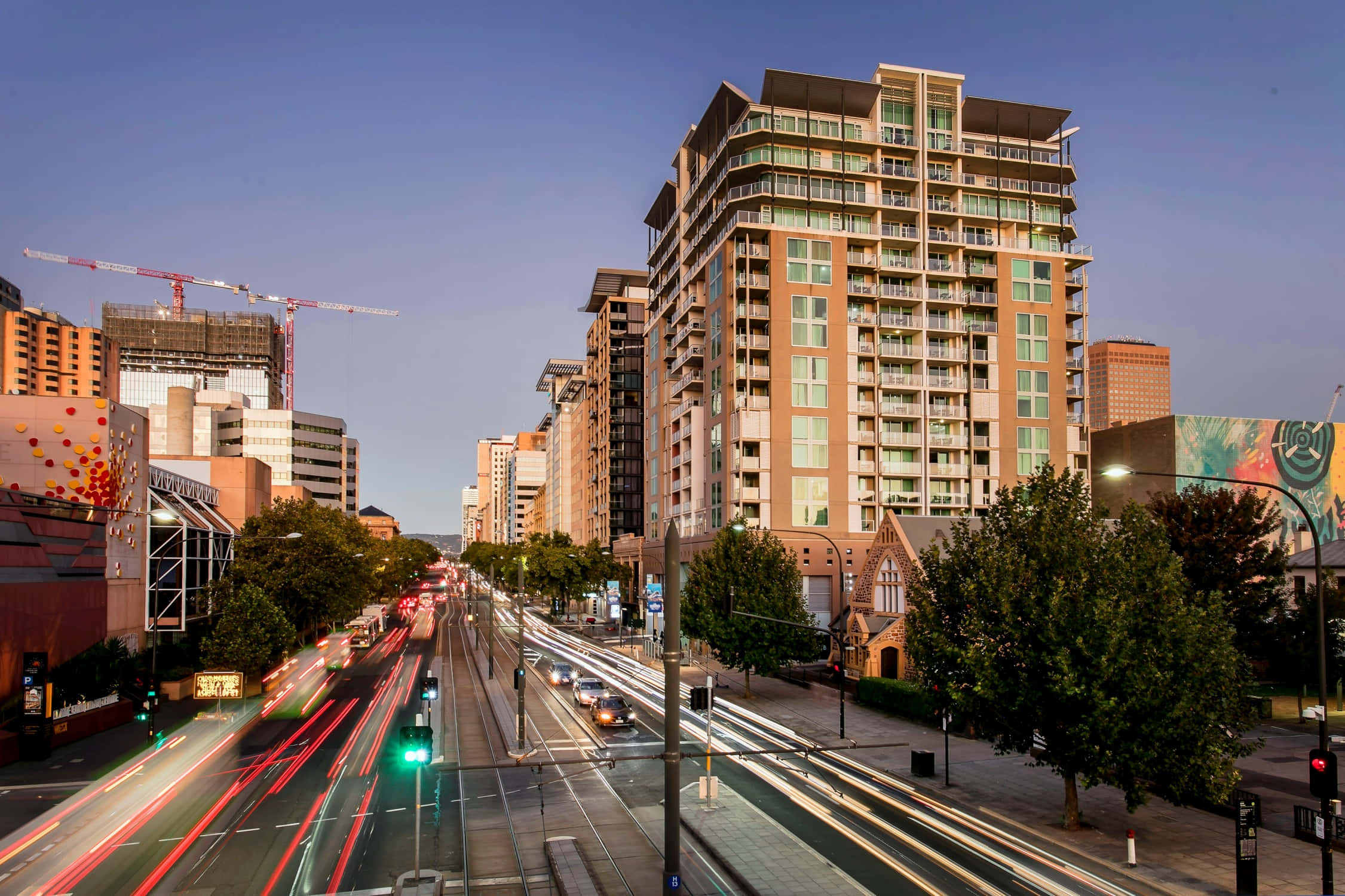 North Terrace Adelaide, twilight, traffic, Full HD Desktop Wallpaper