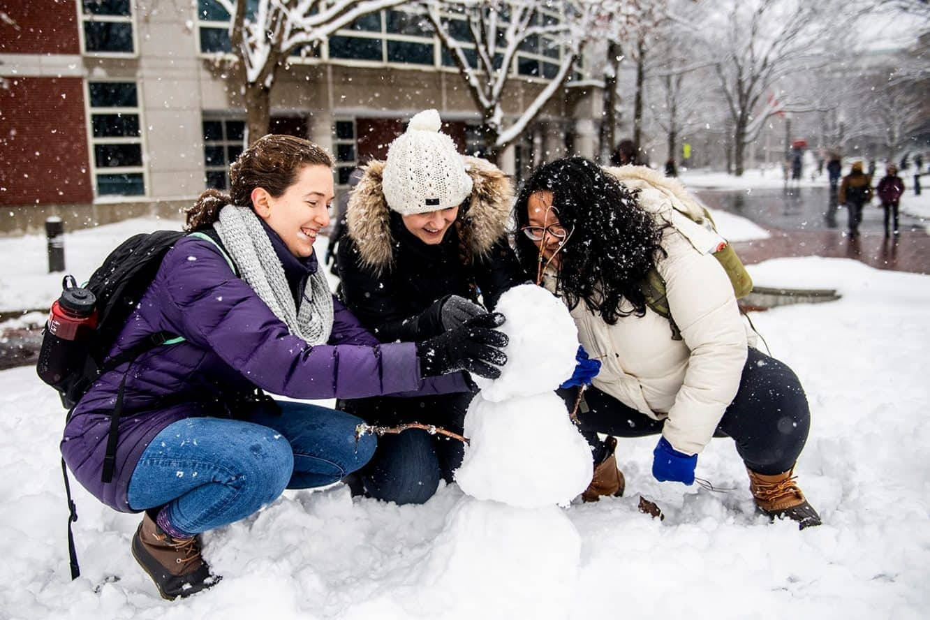 Northeastern University, snowman, snowy campus courtyard, HD Desktop Wallpaper