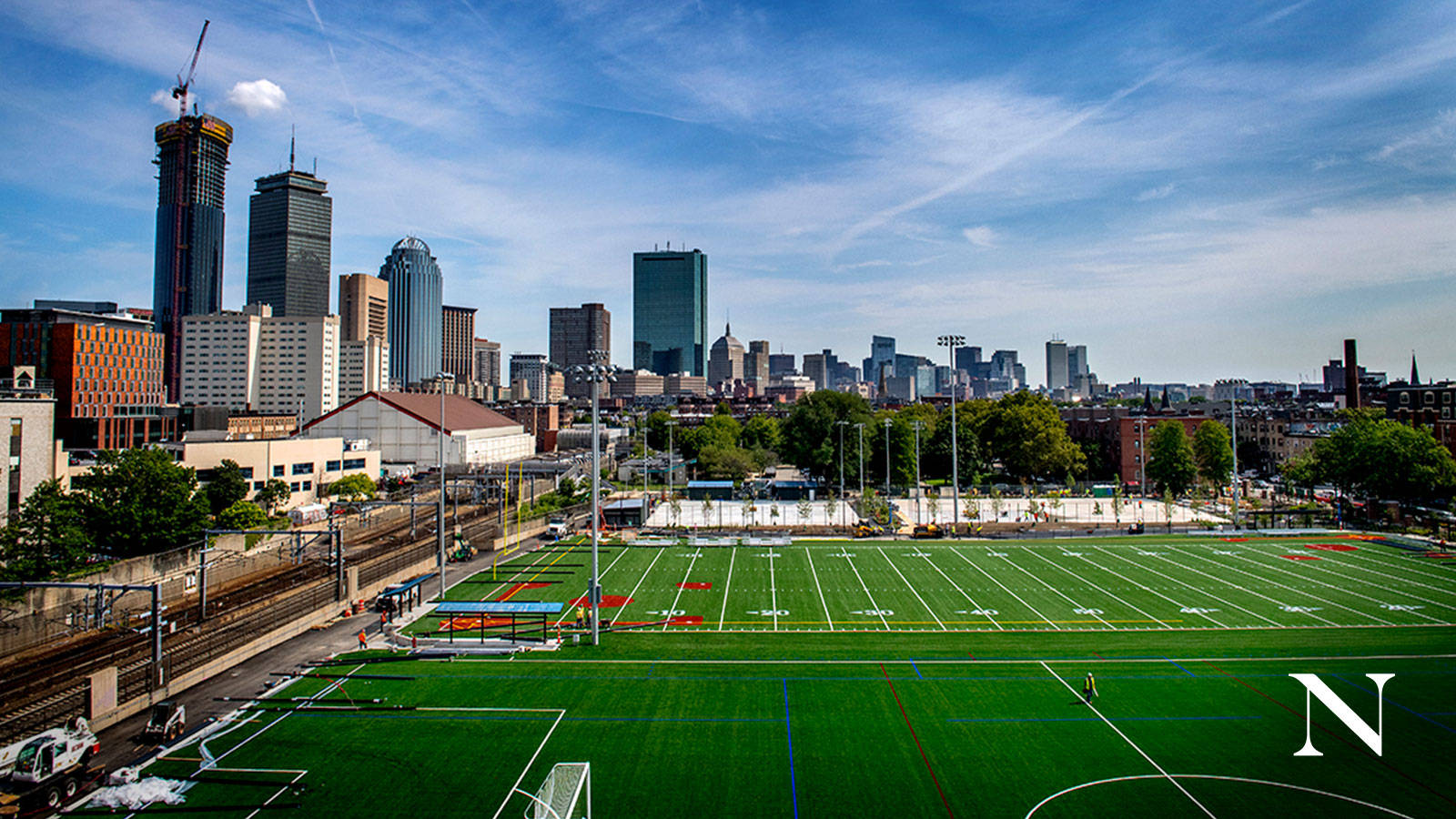 Northeastern University, football field, city skyline, HD Desktop Wallpaper