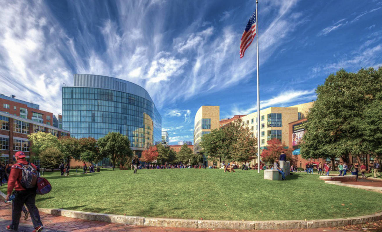 Northeastern University, curved glass building, bright blue sky, HD Desktop Wallpaper